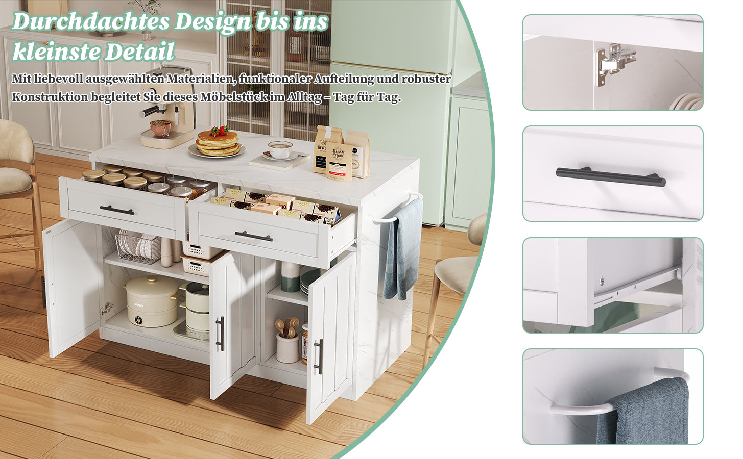 Kitchen Island with Power Outlets USB Adjustable Shelves, White