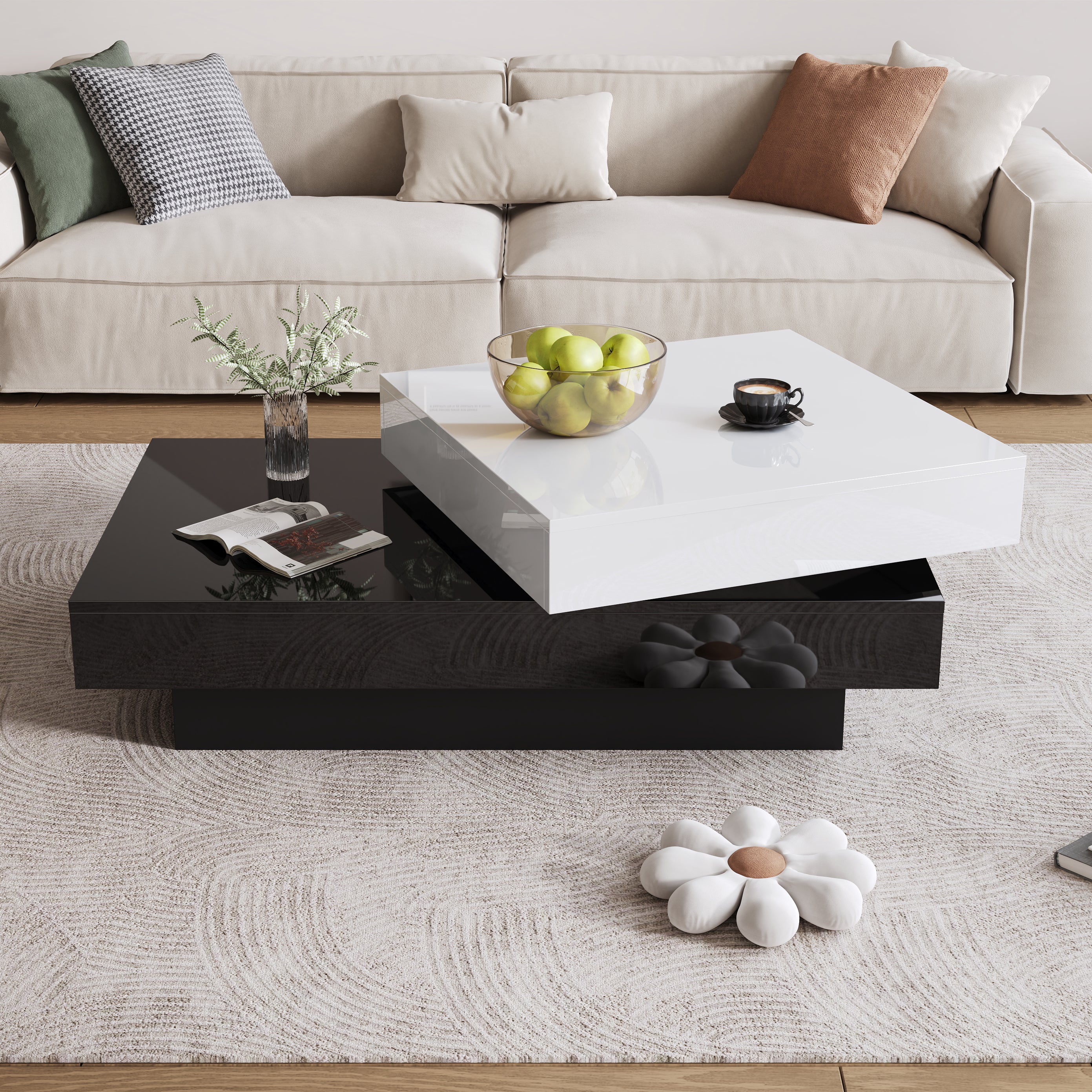 Rotating Coffee Table, Double-Layer with High Gloss Surface, Black and White