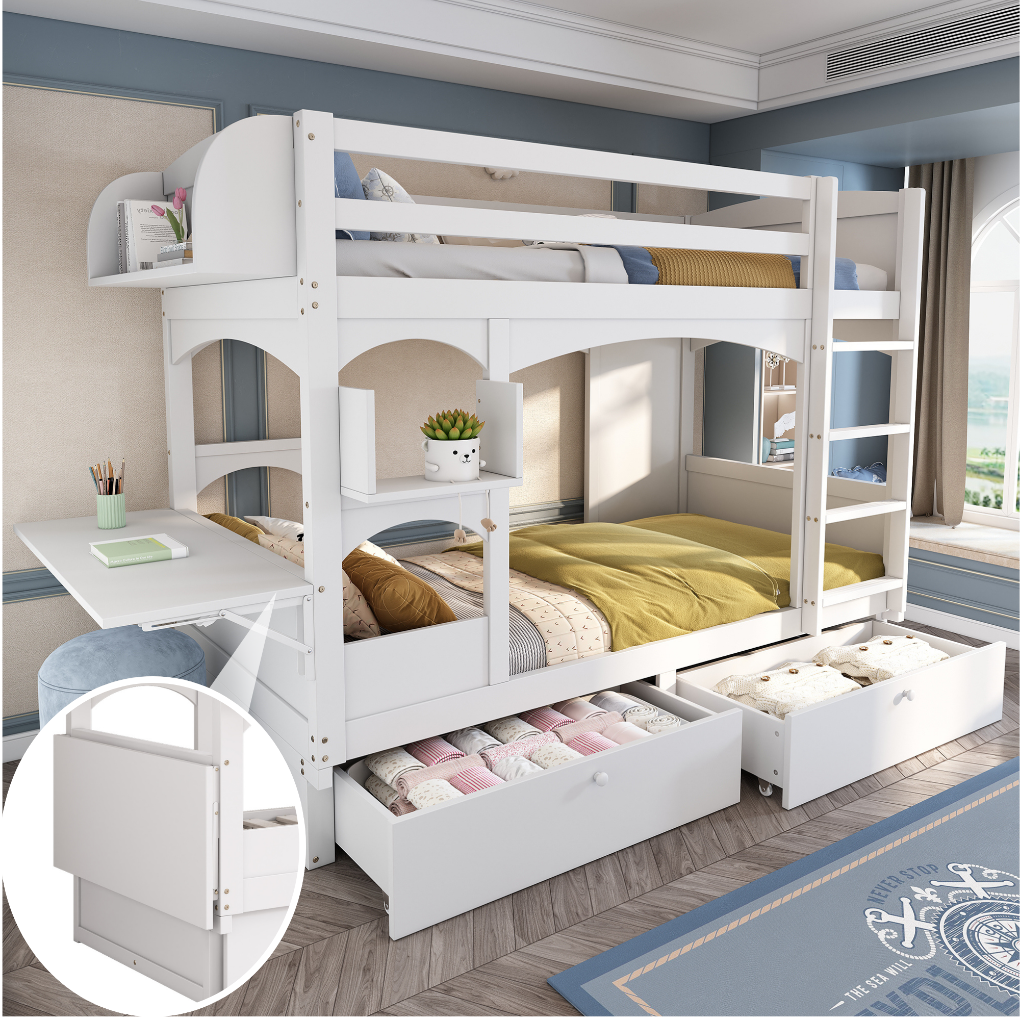 Children's Bunk Bed Multifunctional Double Bed with Desk, Shelf, 2 Drawers, Solid Wood White