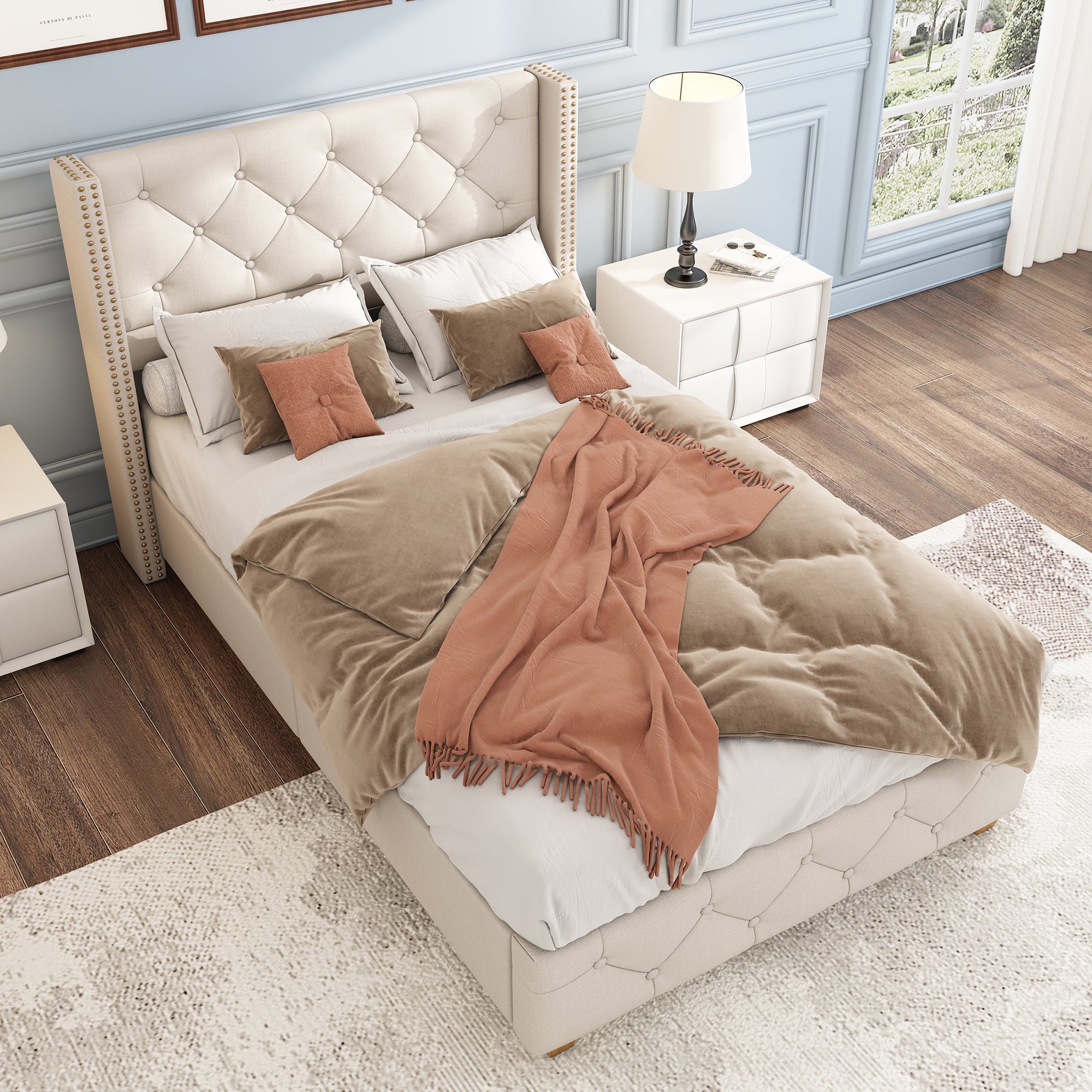 Upholstered Bed, Single Bed-3ft(90*190cm) with Slatted Frame and Headboard, Button Upholstery, Rivet Upholstery, Wooden Legs, Linen, Beige