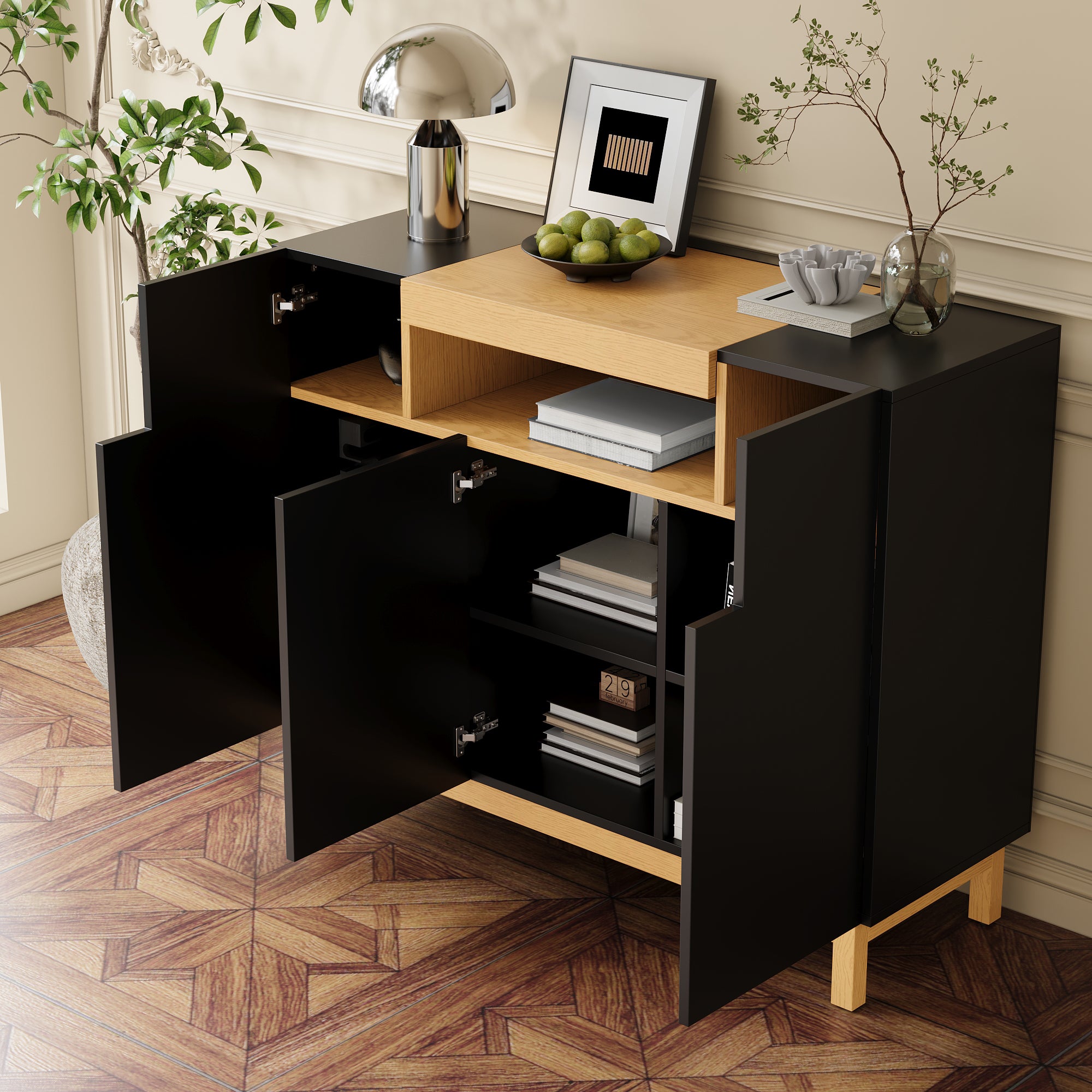 Sideboard with 3 Doors and Open Compartment, Black and Wood Finish