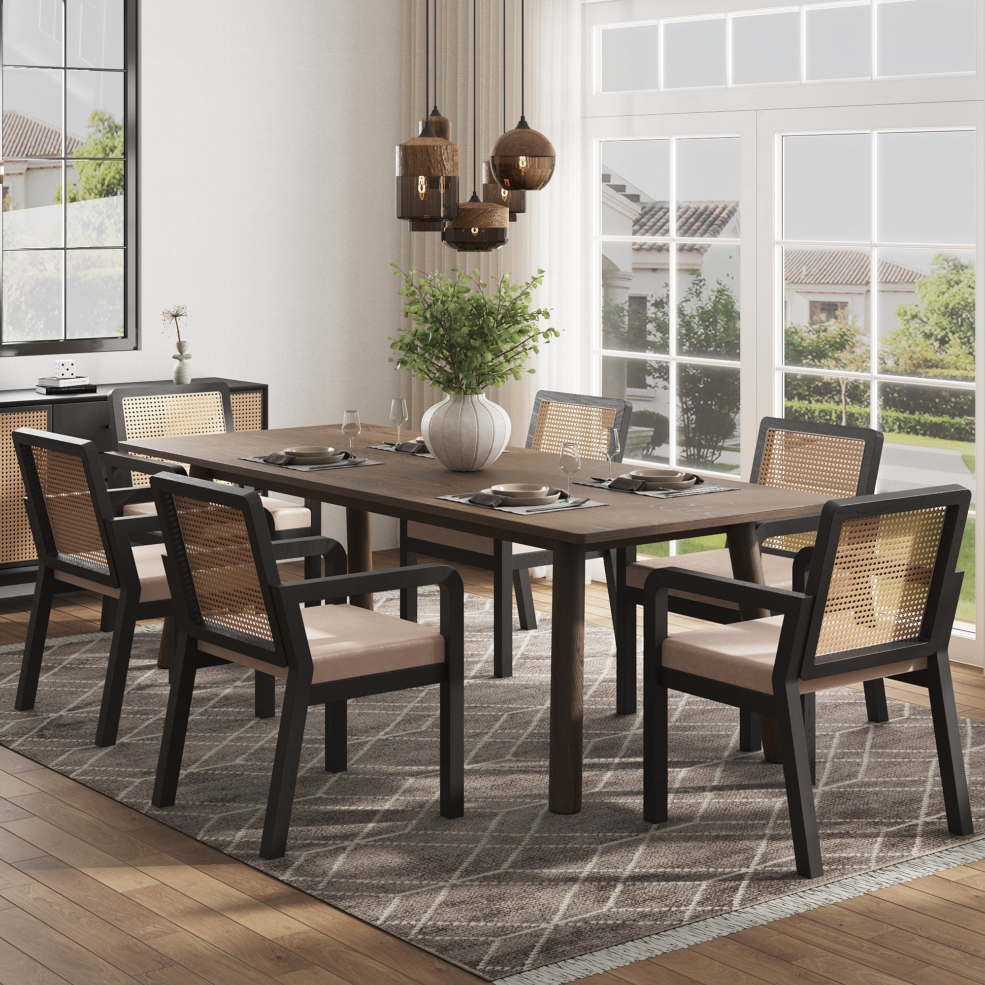 Dining Chair Set of 6, Ergonomic Luxury with Rattan Backrest and Rubberwood Legs, Velour Fabric