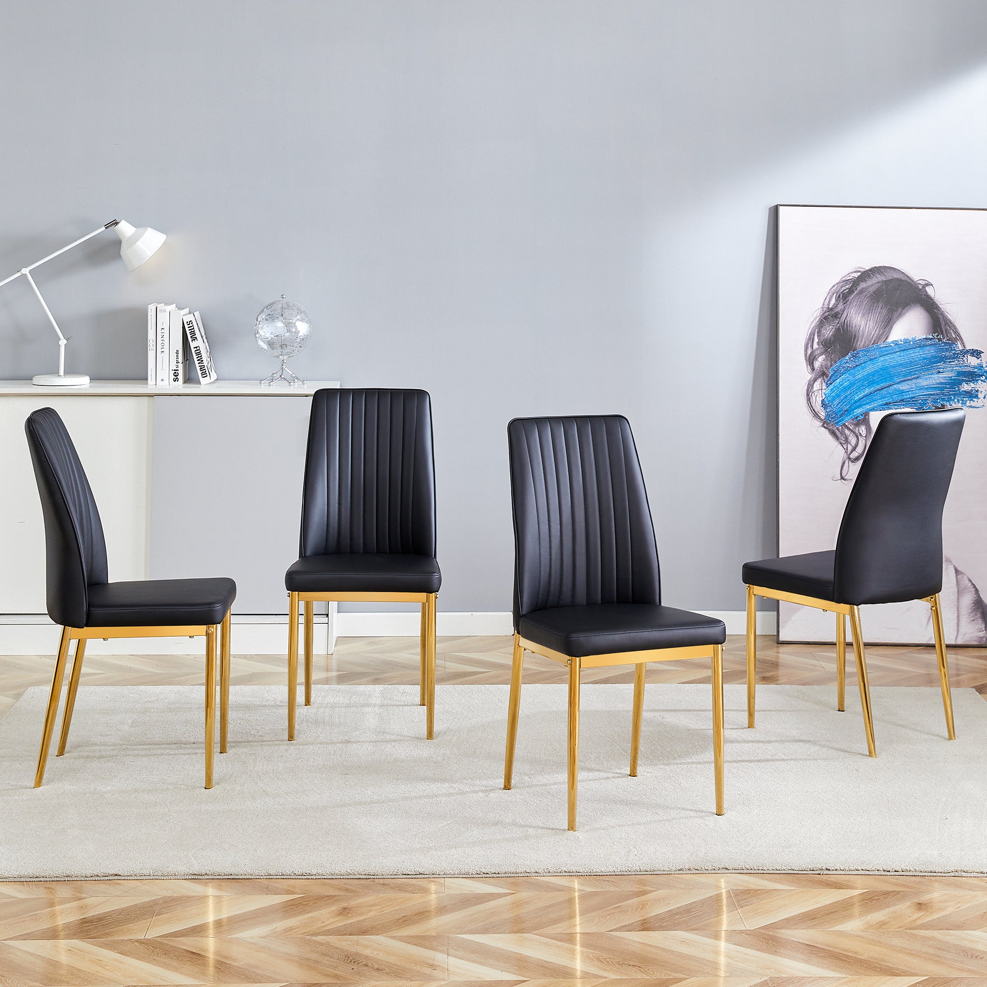 Dining Chair Set of 4, Golden Metal Legs, Black PU Leather