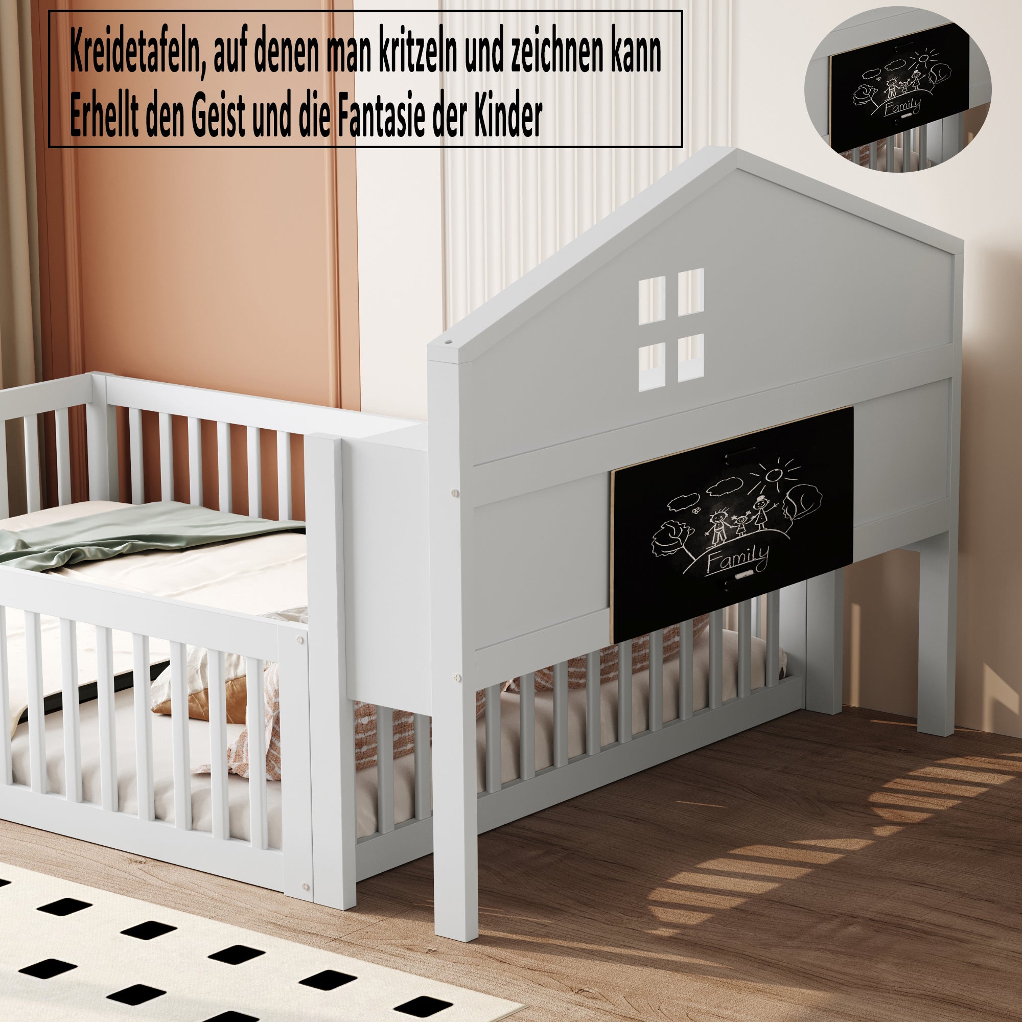 Children's Bed 140x200, Solid Wood House Frame with Shelves & Storage, White