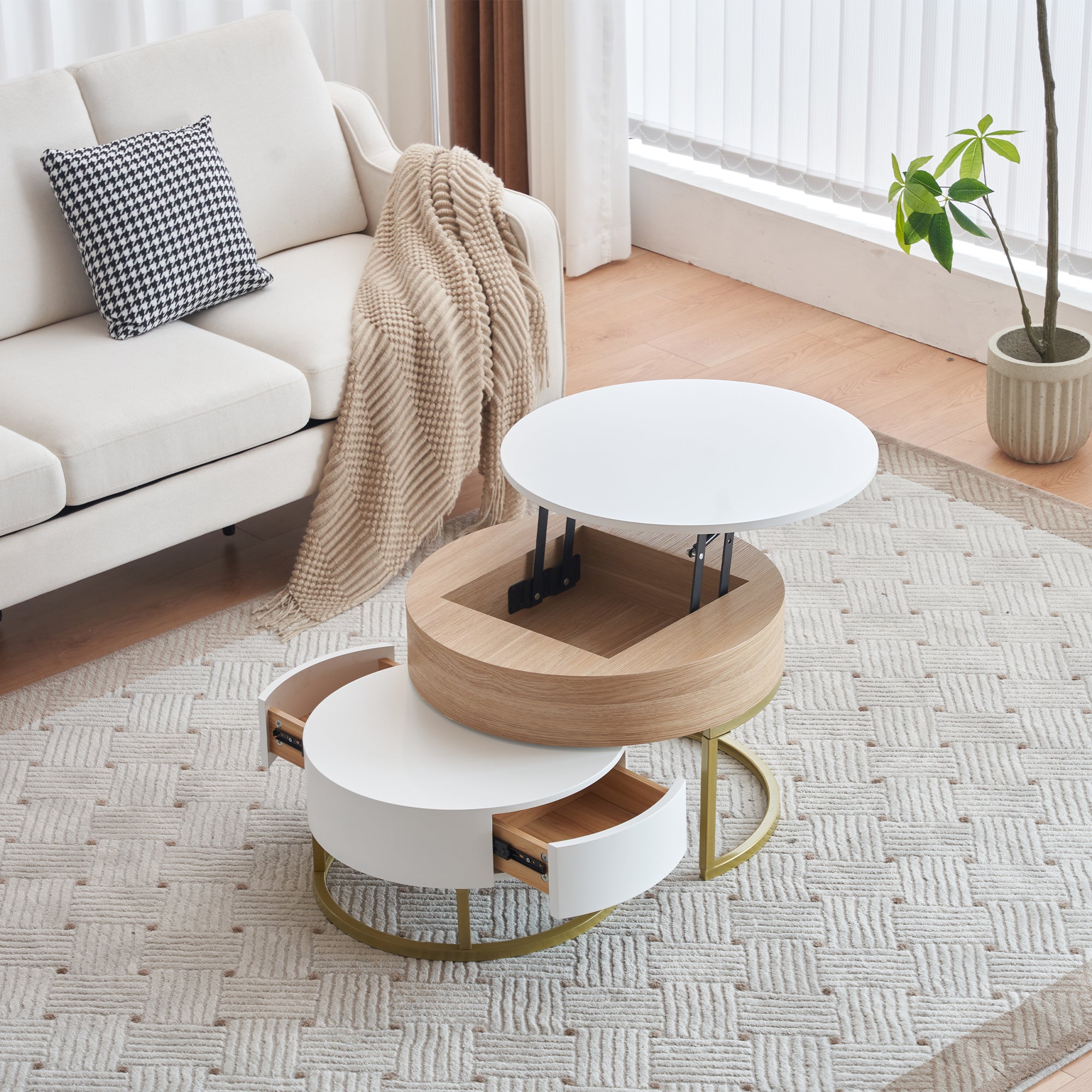 Nesting Table, Fold-Up Coffee & Side Table with Two Drawers, 2-Piece Set, Golden