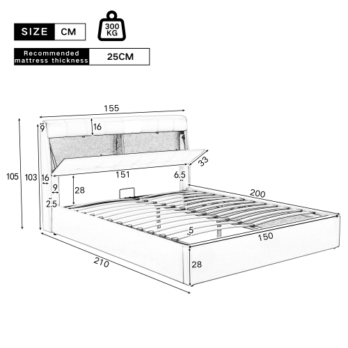Fashion Upholstered Bed, King Size 150x200cm, Hydraulic with Concealed Headboard Storage, PU, Cream White