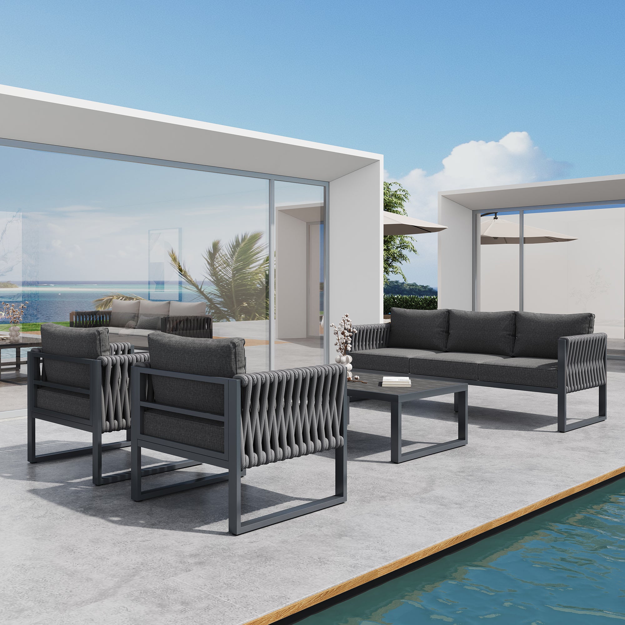 Outdoor Sofa Set 5-Seater Adjustable Feet Rustproof Metal Frame - Grey