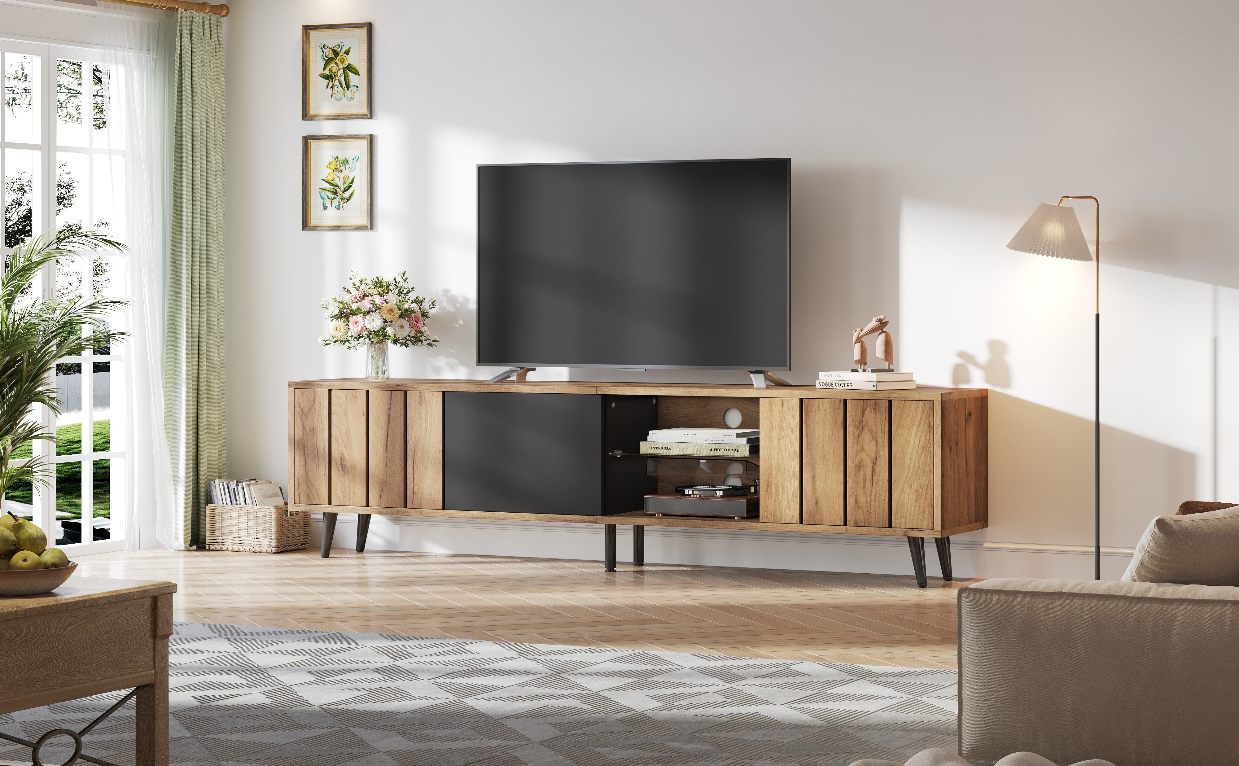 Lowboard TV Cabinet 175x31.5x45cm for 75-inch TVs with 3 Cabinets Wood Black