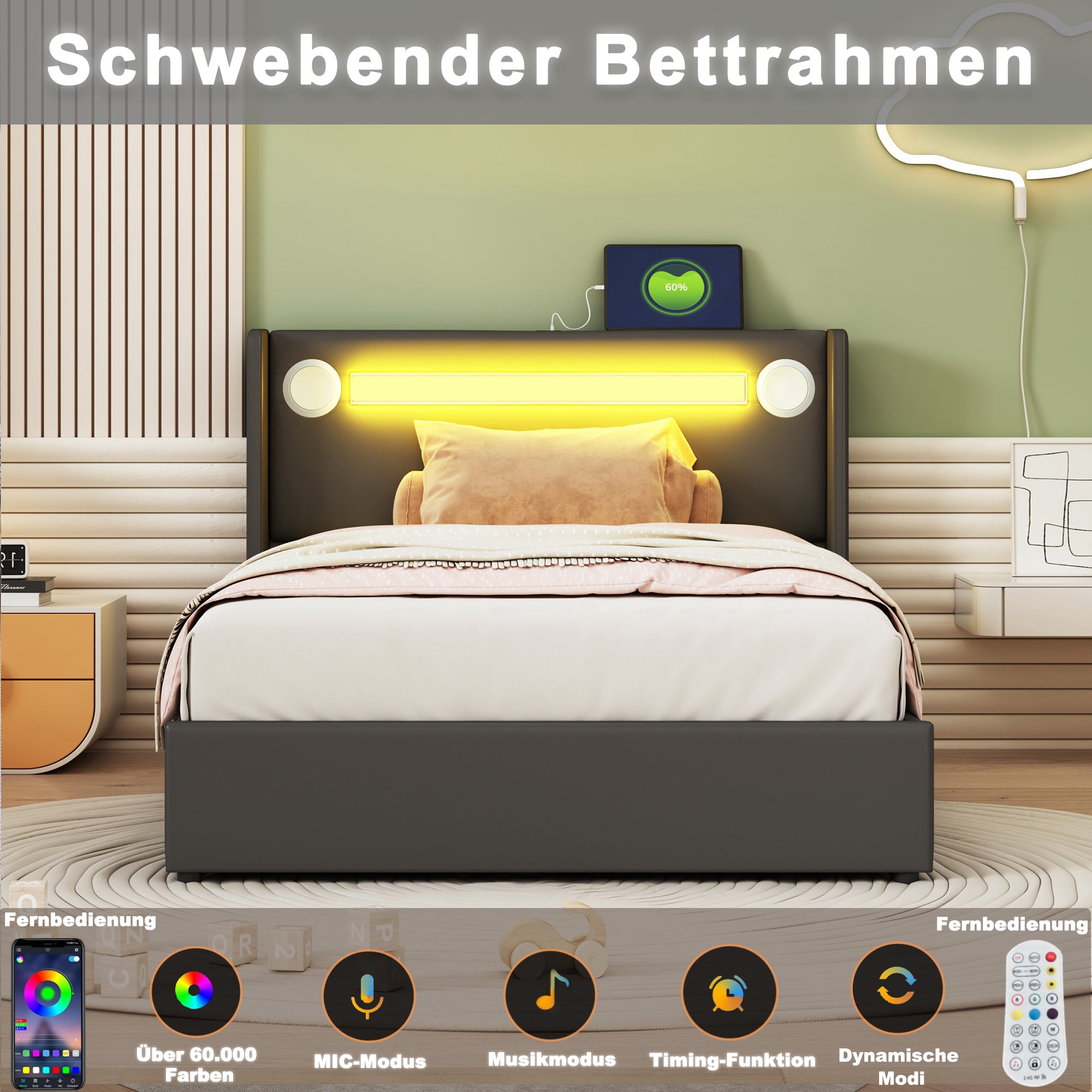 Children's Bed 90x200 with LED, Bluetooth & USB, PU Leather