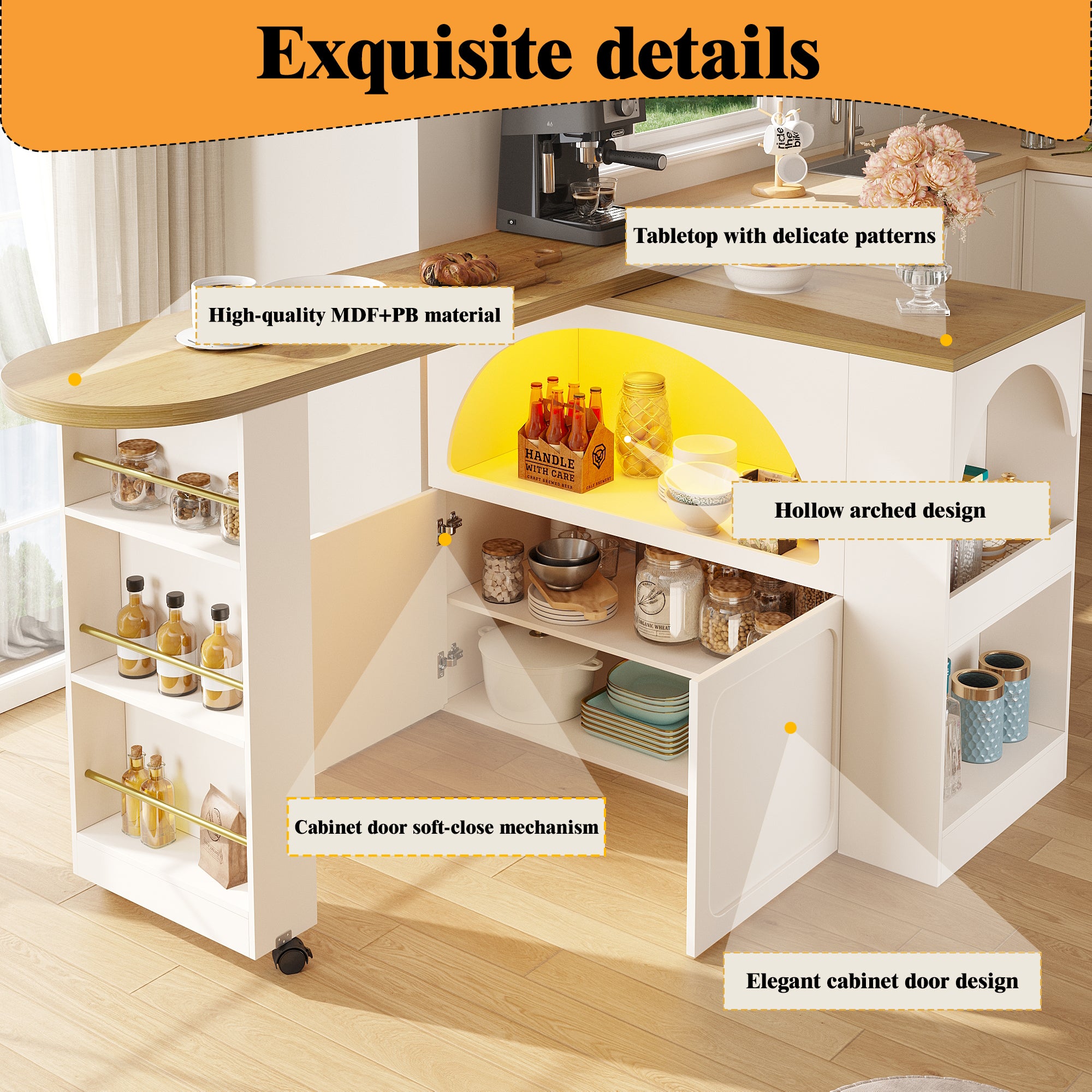 Extendable Bar Table Storage LED Curved Door Design - White