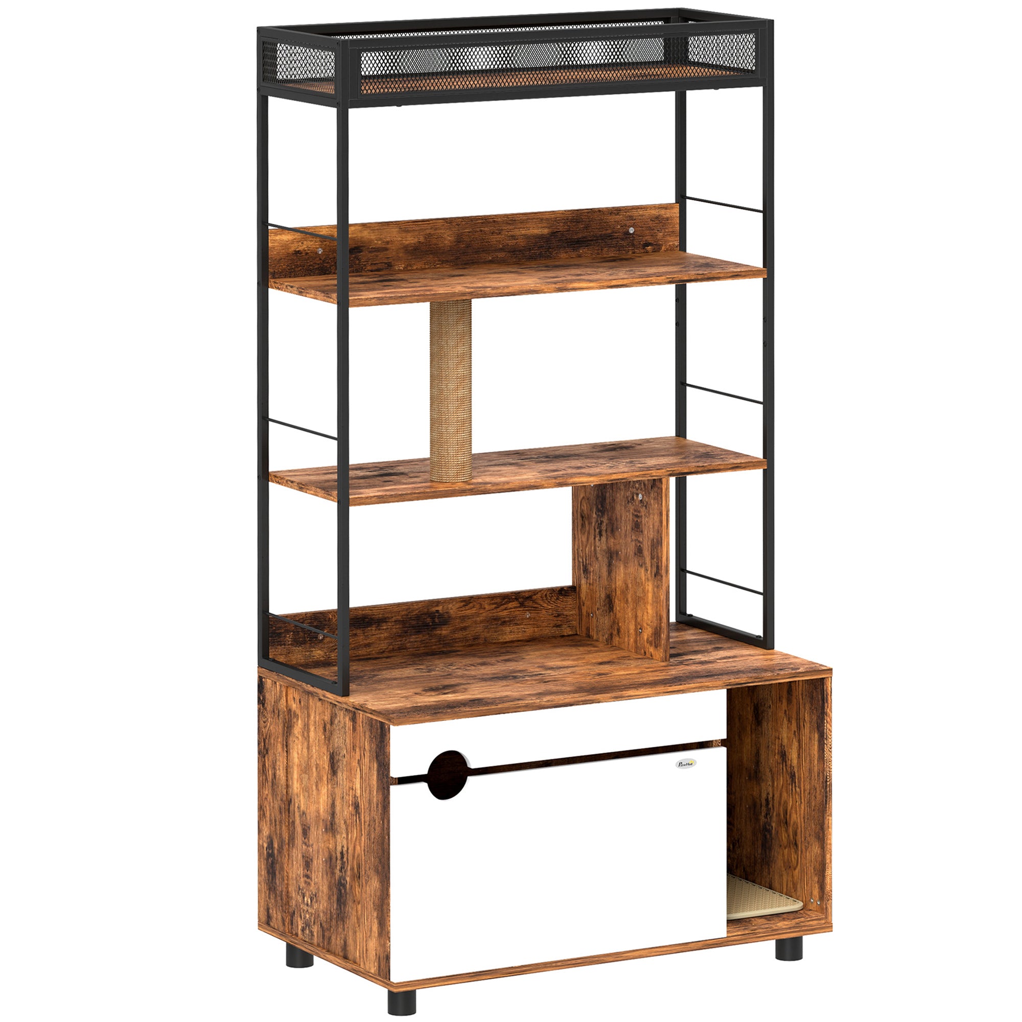 Cat Litter Cabinet, 2-in-1, 3-Tier Shelf, Scratching Post, Rustic Brown
