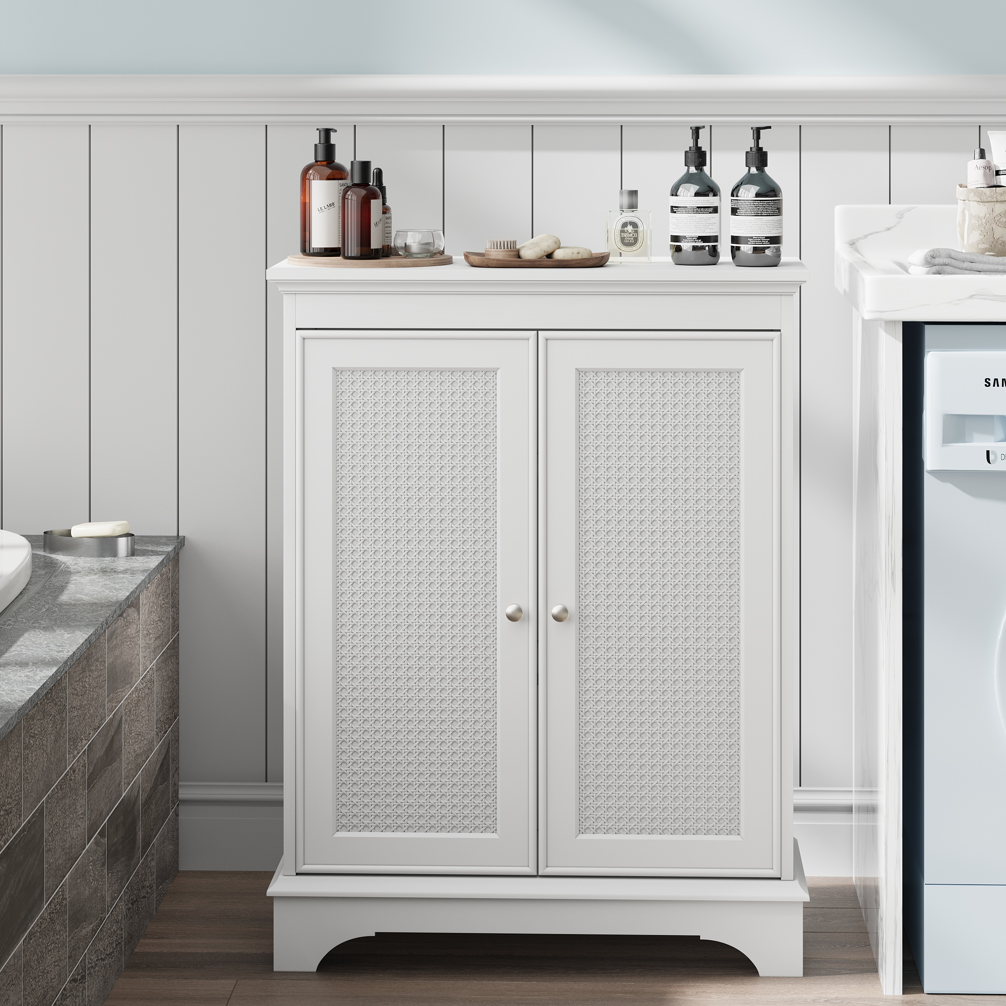 Bathroom Cabinet, Floor-Standing with Basket Door & Adjustable Shelf, White