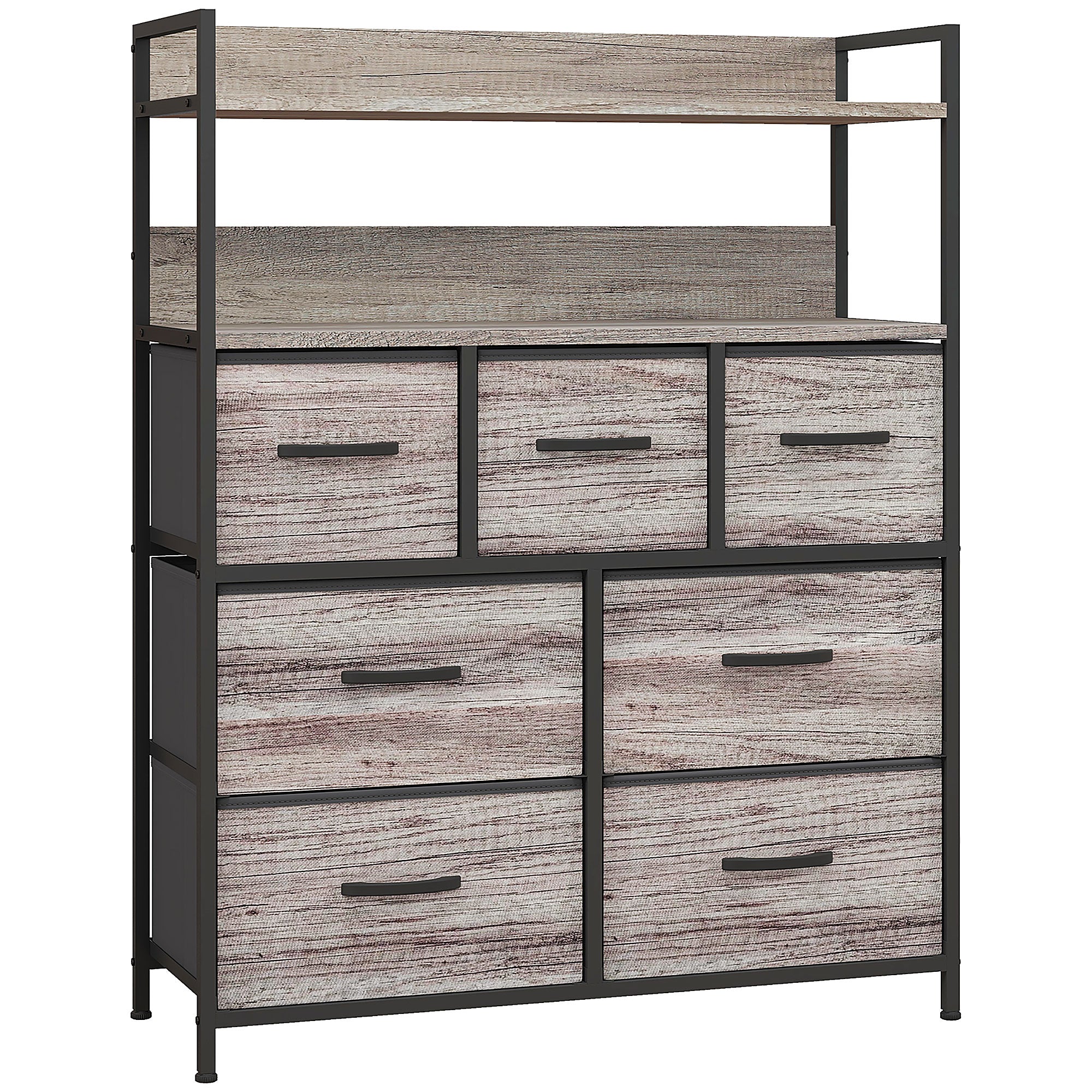 Rustic Chest Seven Fabric Drawers Grey Wood Effect