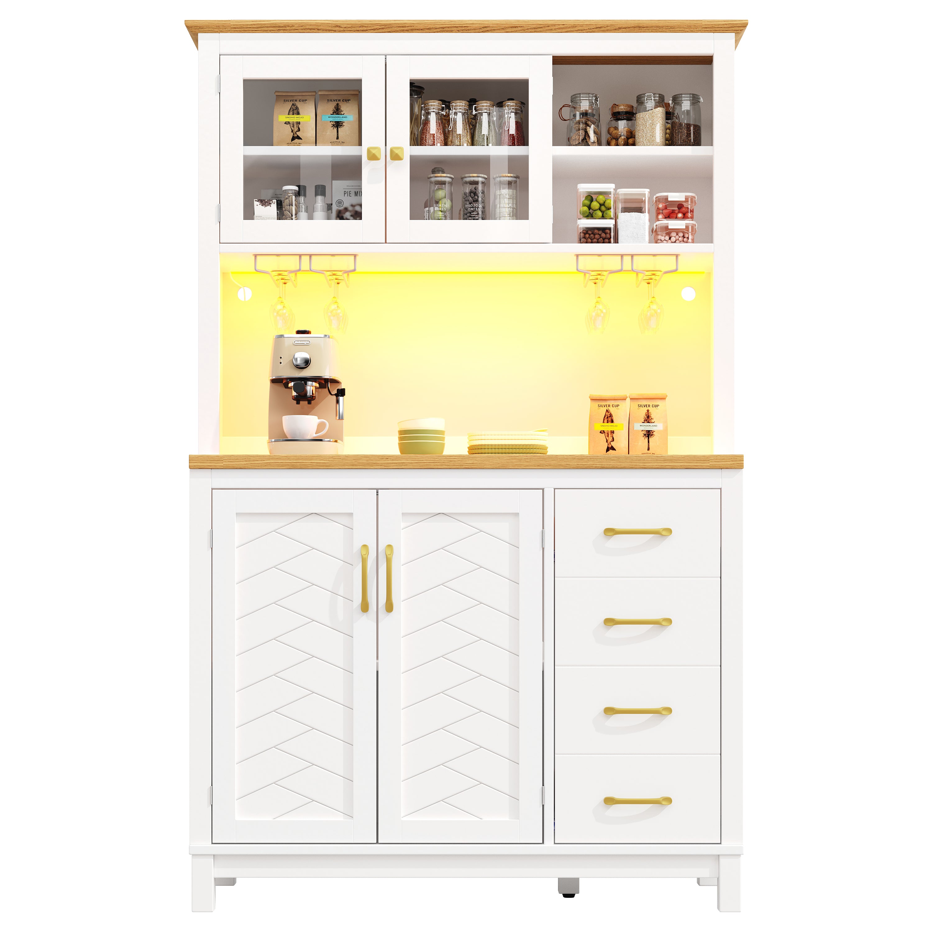 Sideboard Kitchen Cabinet with LED Light Strip and Drink Holders, Green/Black/White