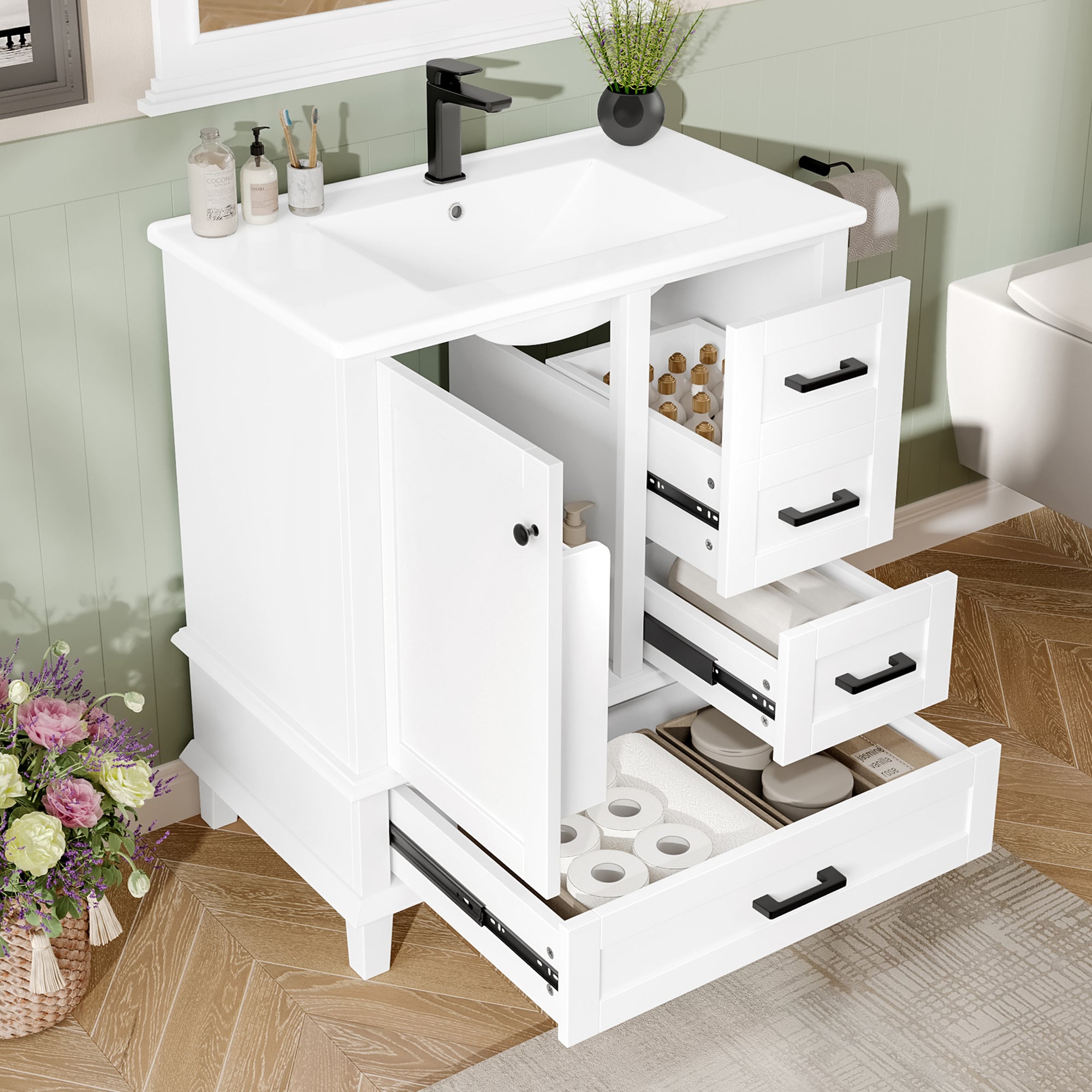 Bathroom Vanity Unit with Ceramic Sink and Three Silent Drawers, White