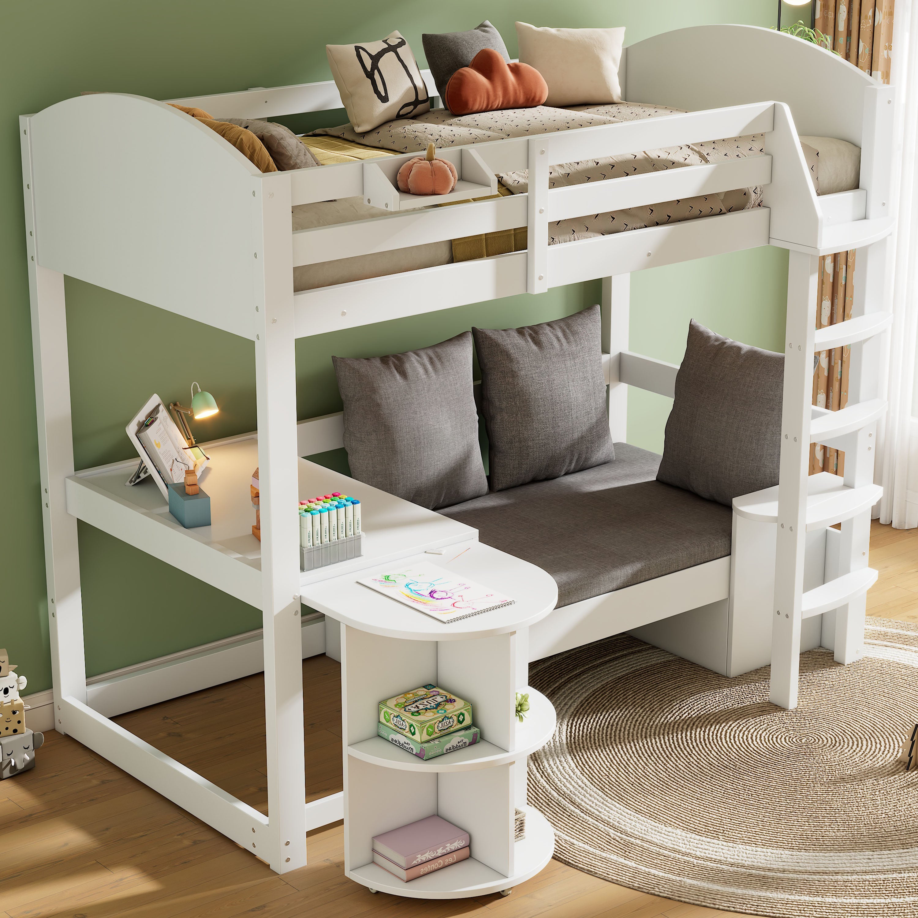 Children's Bunk Bed Multifunctional Ladder Pull-out Table Storage Sofa 90x200, White