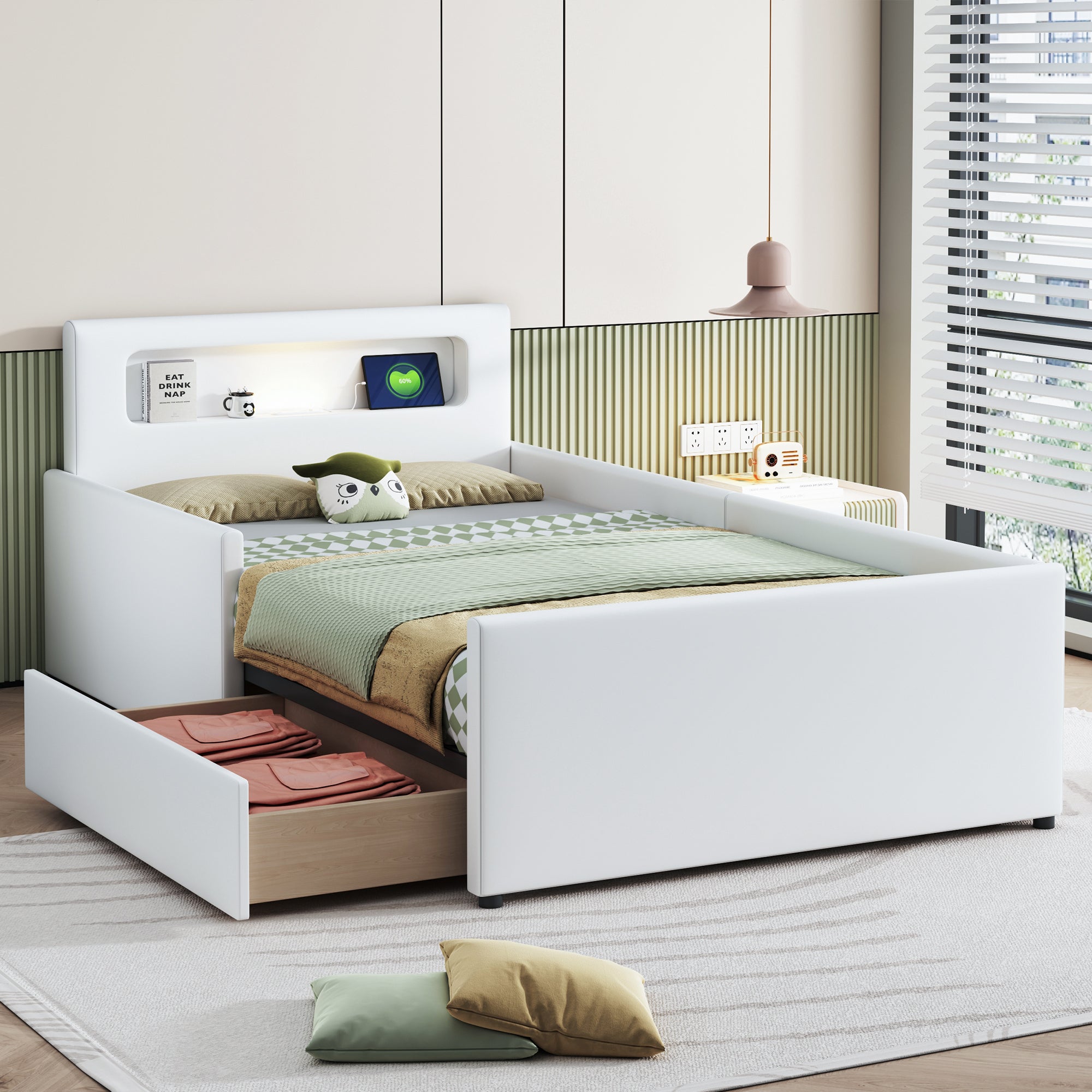 Upholstered Children's Bed 90x200cm Night Light USB Storage Faux Leather White