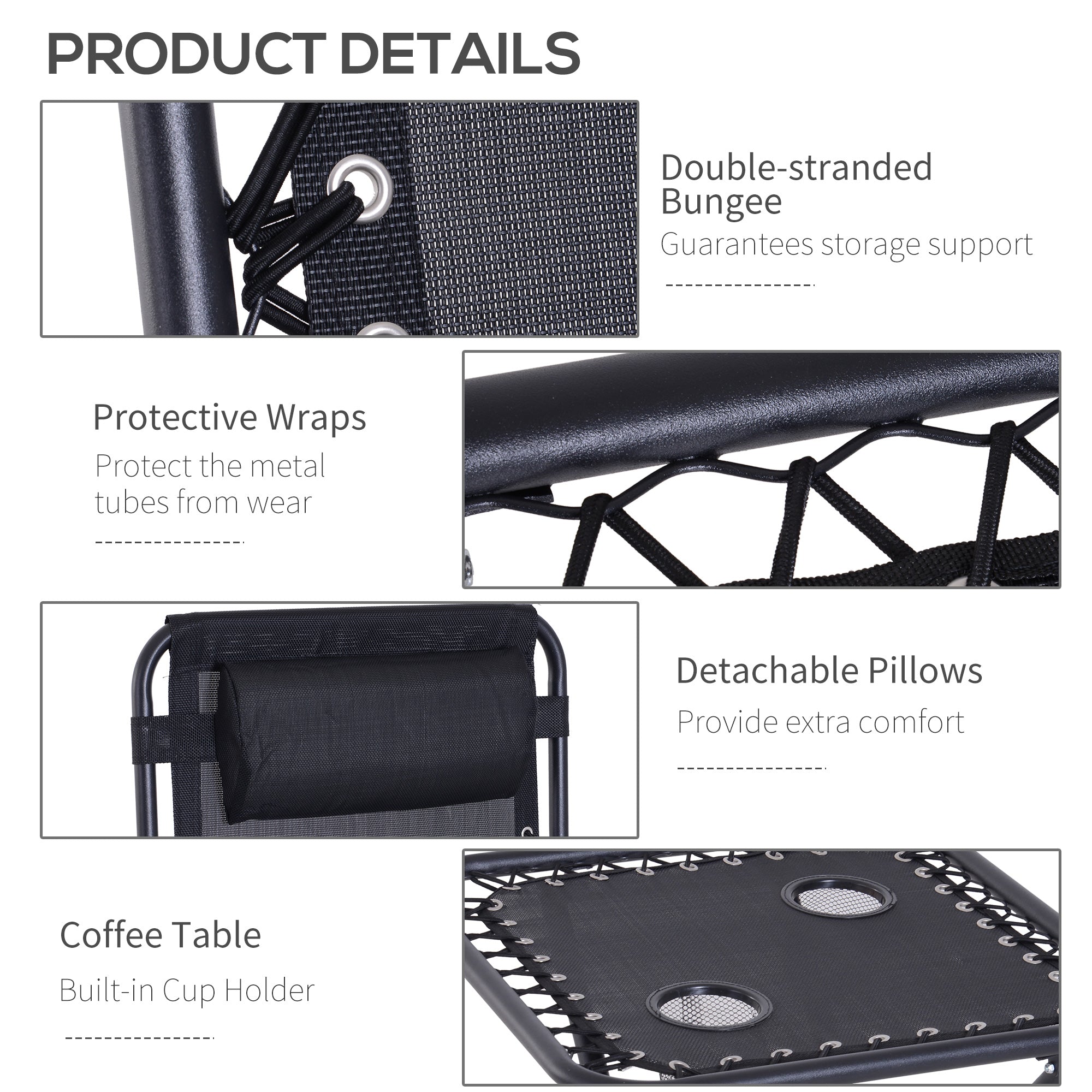 Folding Zero Gravity Chairs, 3-Piece Adjustable Sun Lounger Set with Table and Cup Holder, Black