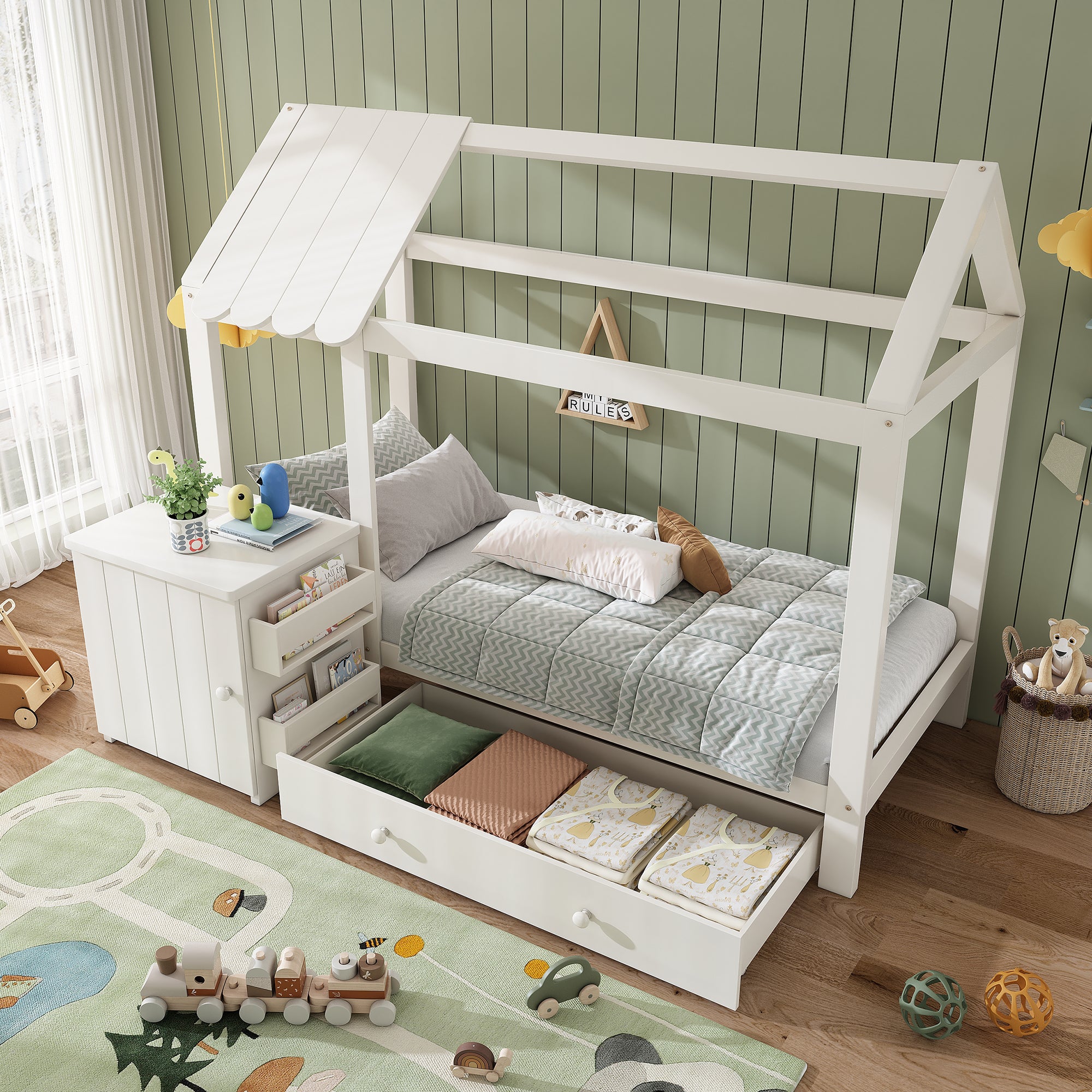 House Bed Children's Bed 90x200 cm, Solid Wood with Drawers & Removable Bedside Table, White