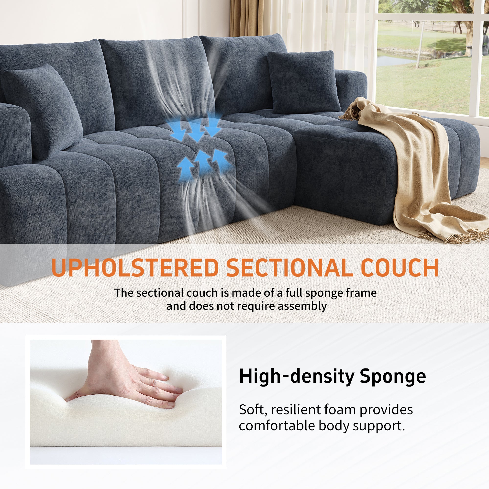 Modular L-shaped Corner Cloud Sofa, Frameless and Freely Combinable, Blue Chenille