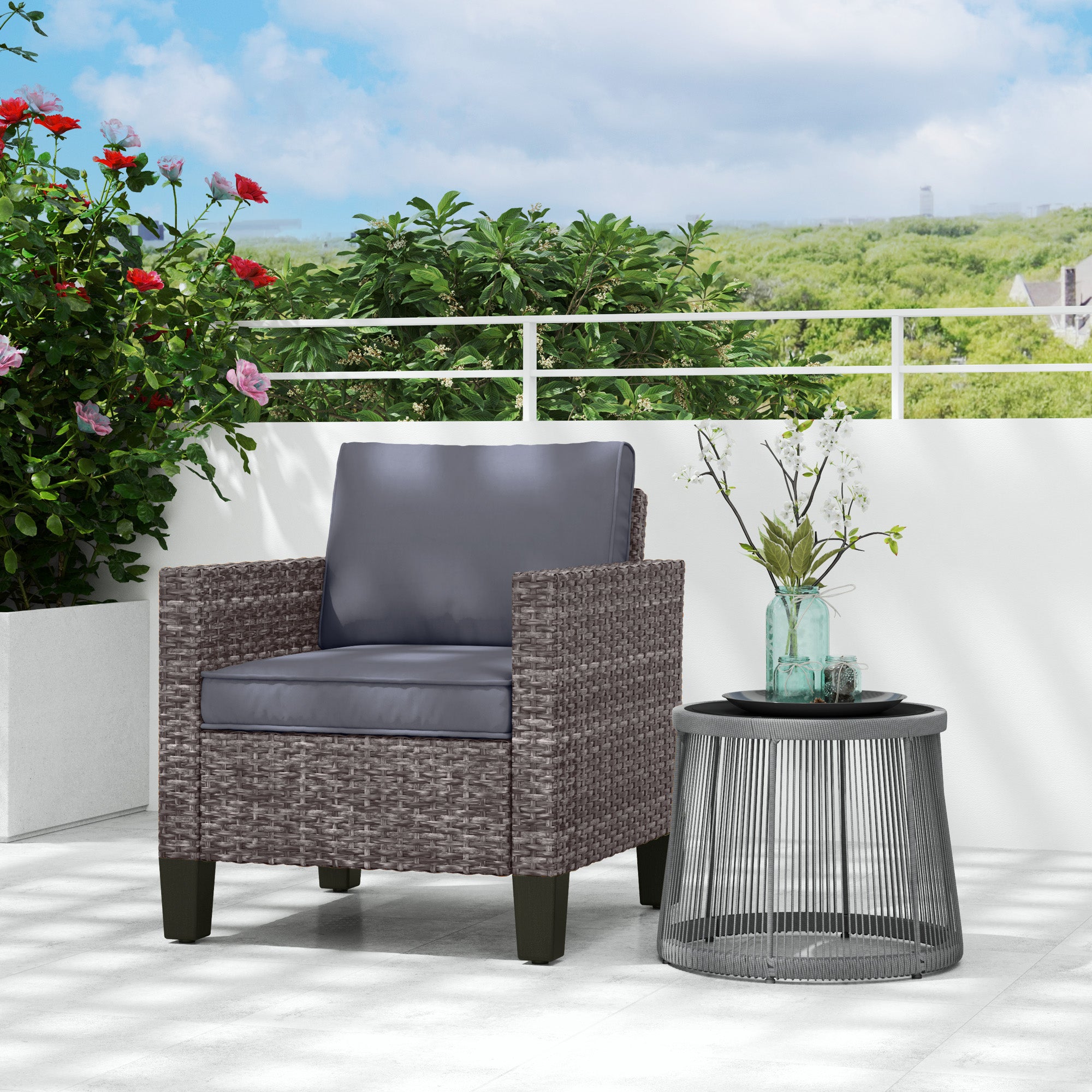 Single Rattan Armchair with Cushions - Mixed Grey