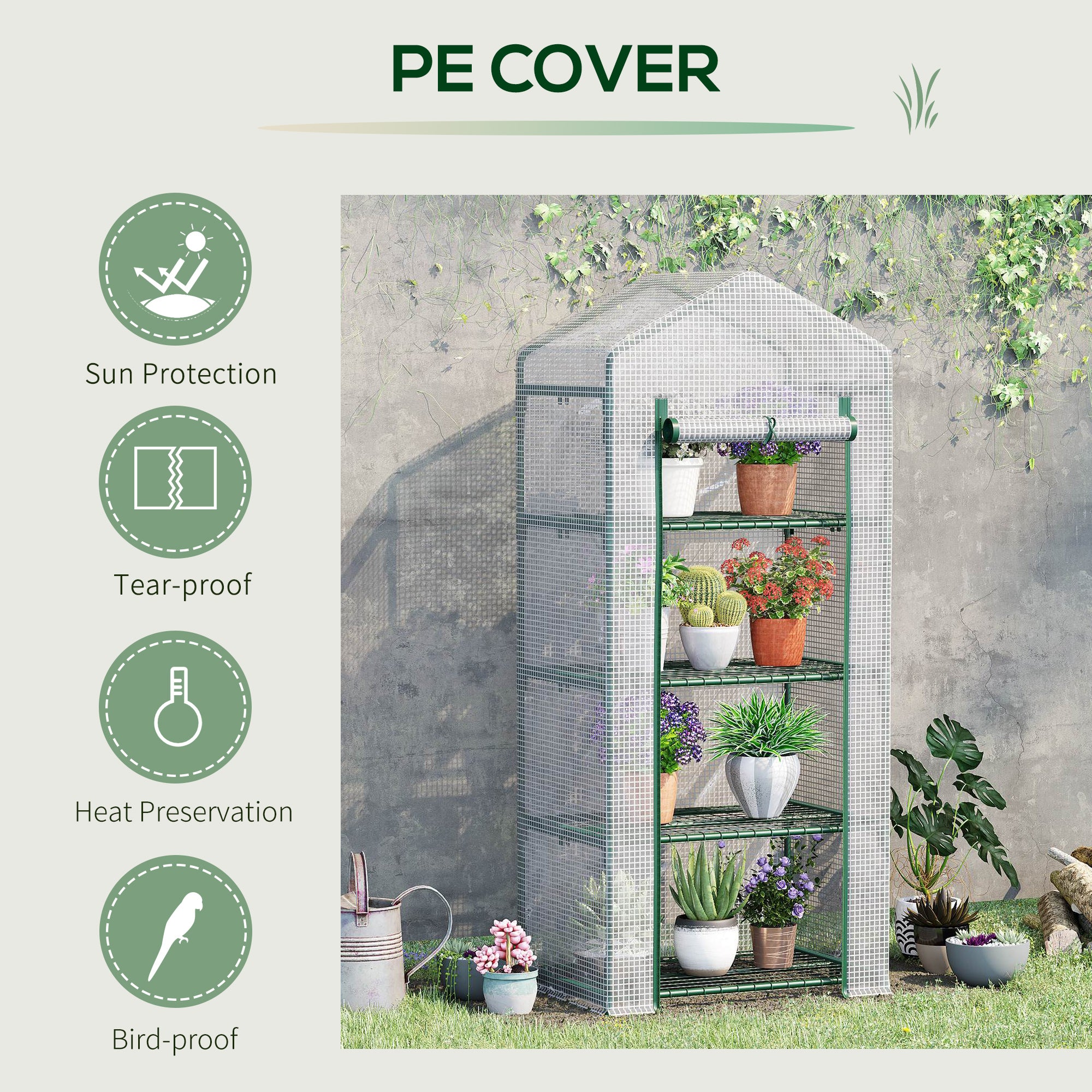 4 Tier Mini Greenhouse, Portable Compact Steel Frame PE Cover, White
