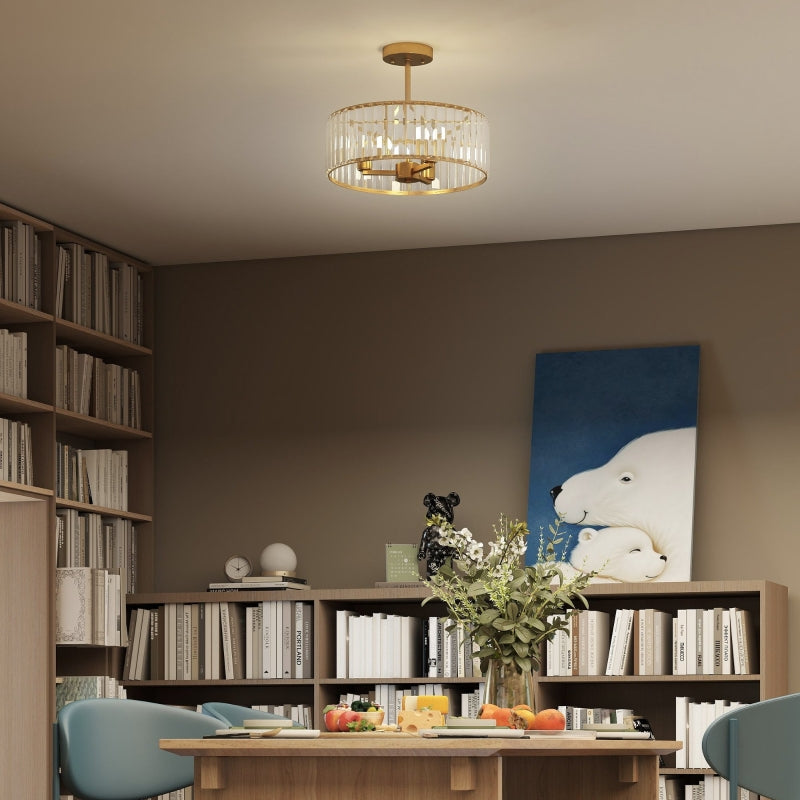 Ceiling Lamp, Chandelier Design, Crystal Shade, 3 Bulbs, Gold Metal