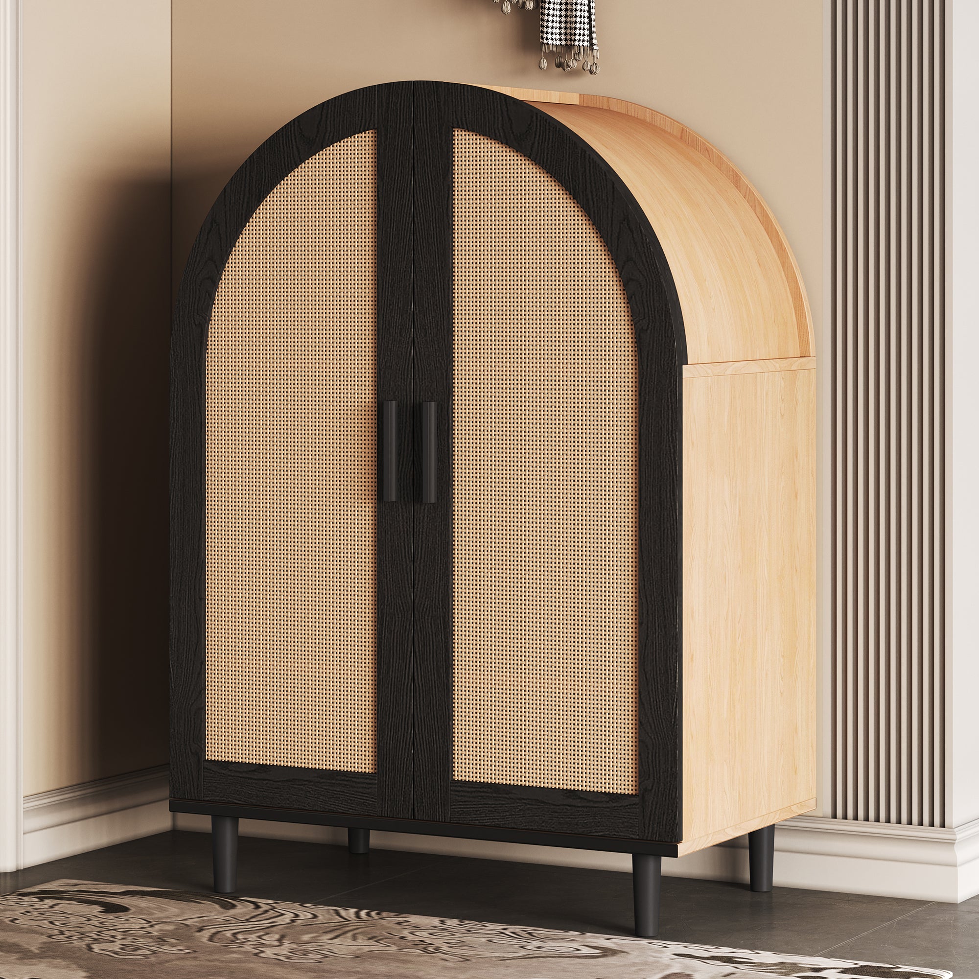 Elegant Sideboard/Shoe Cabinet, Rounded Exterior, Rattan Doors, 3 Shelves