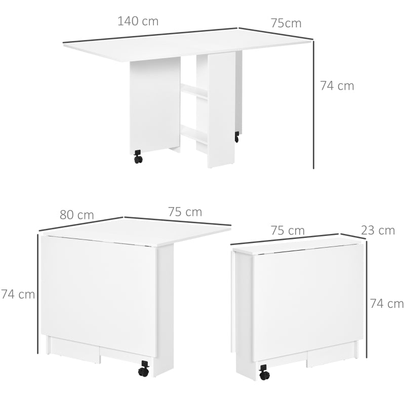 Folding Dining Table, Drop Leaf 2-Tier Shelves Rolling Casters, White