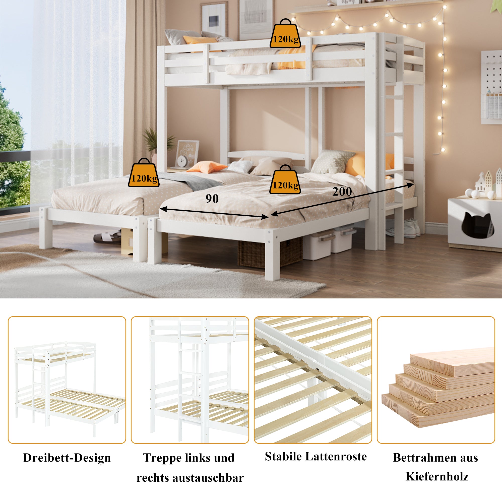 Triple Bunk Bed 90x200cm Side Ladder for Children/Teens, White