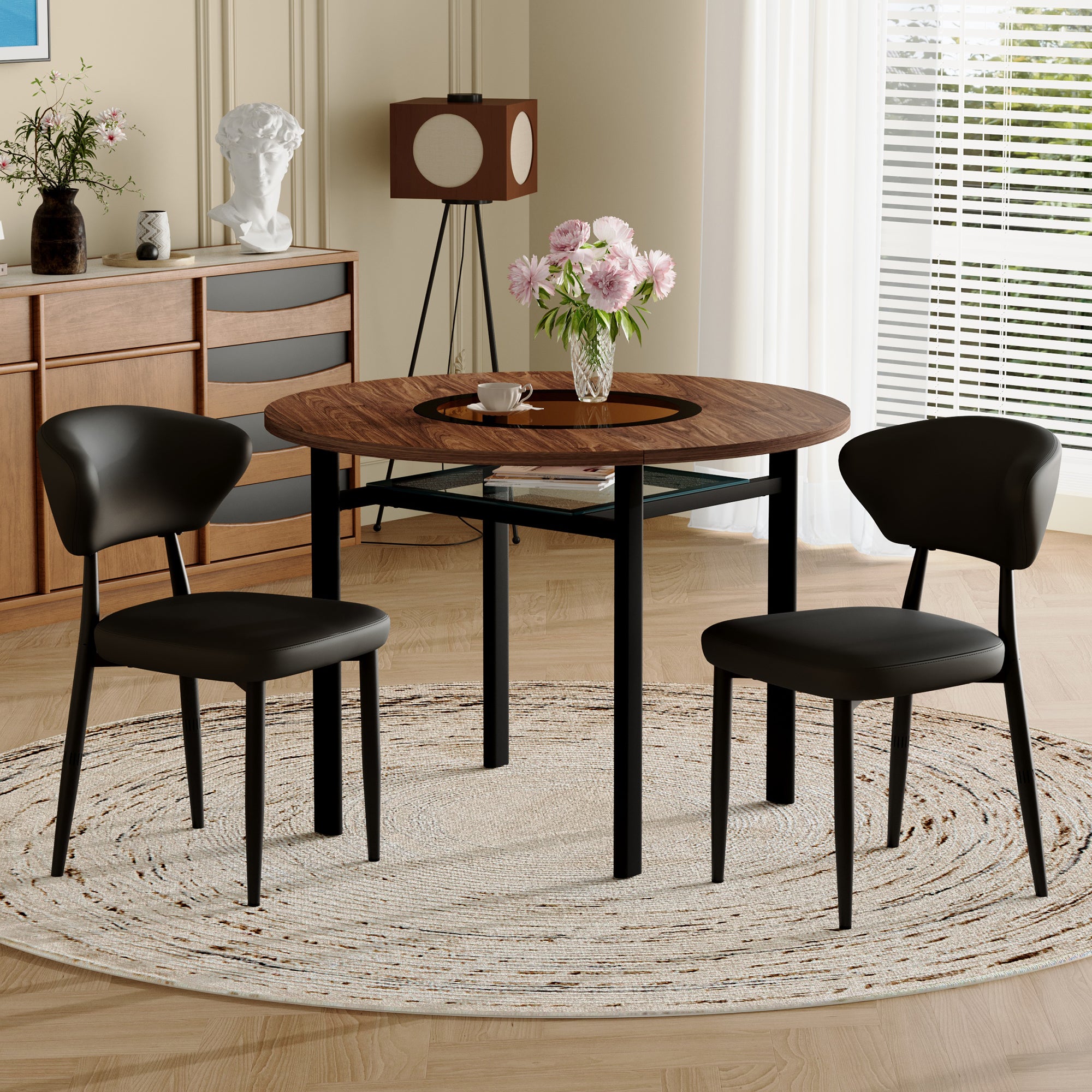 Modern Minimalist Round Table Set, 100cm Wood Look with 2 Armchairs, Black PU Leather