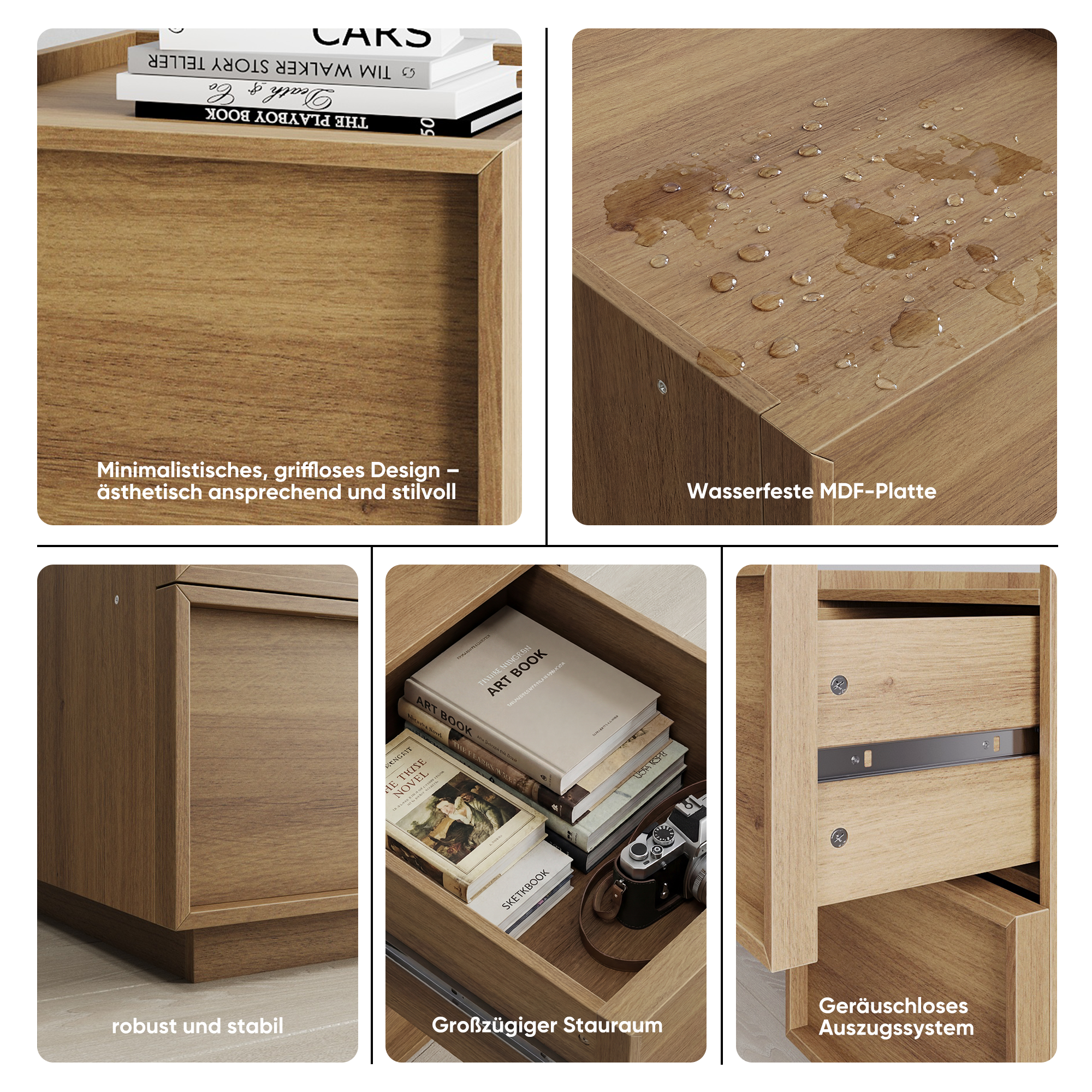 Medieval-Modern Bedside Table with 2 Handleless Drawers and Metal Rails, Oak Look MDF