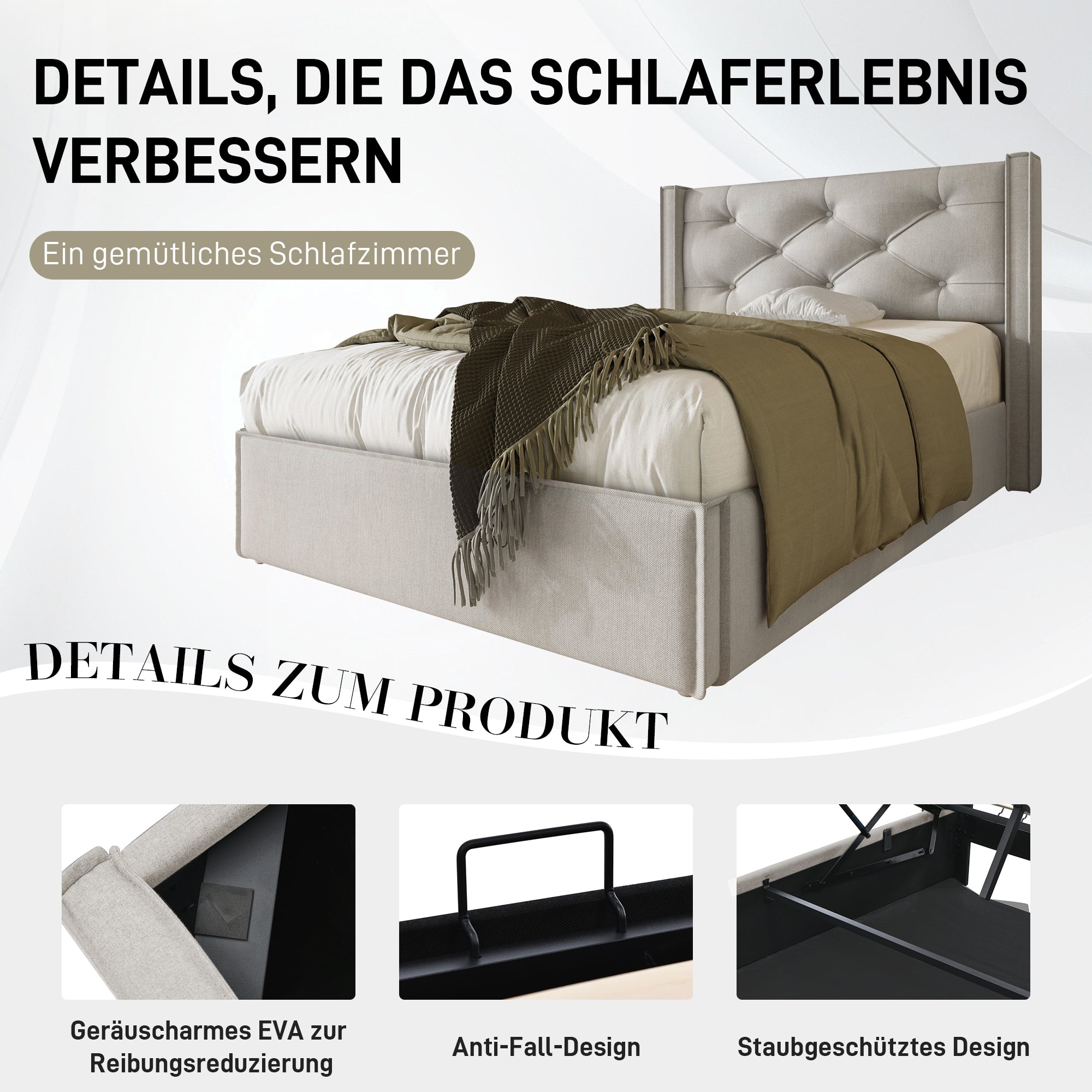 Hydraulic Upholstered Bed, Single 90x200cm with Storage, Light Grey Cotton