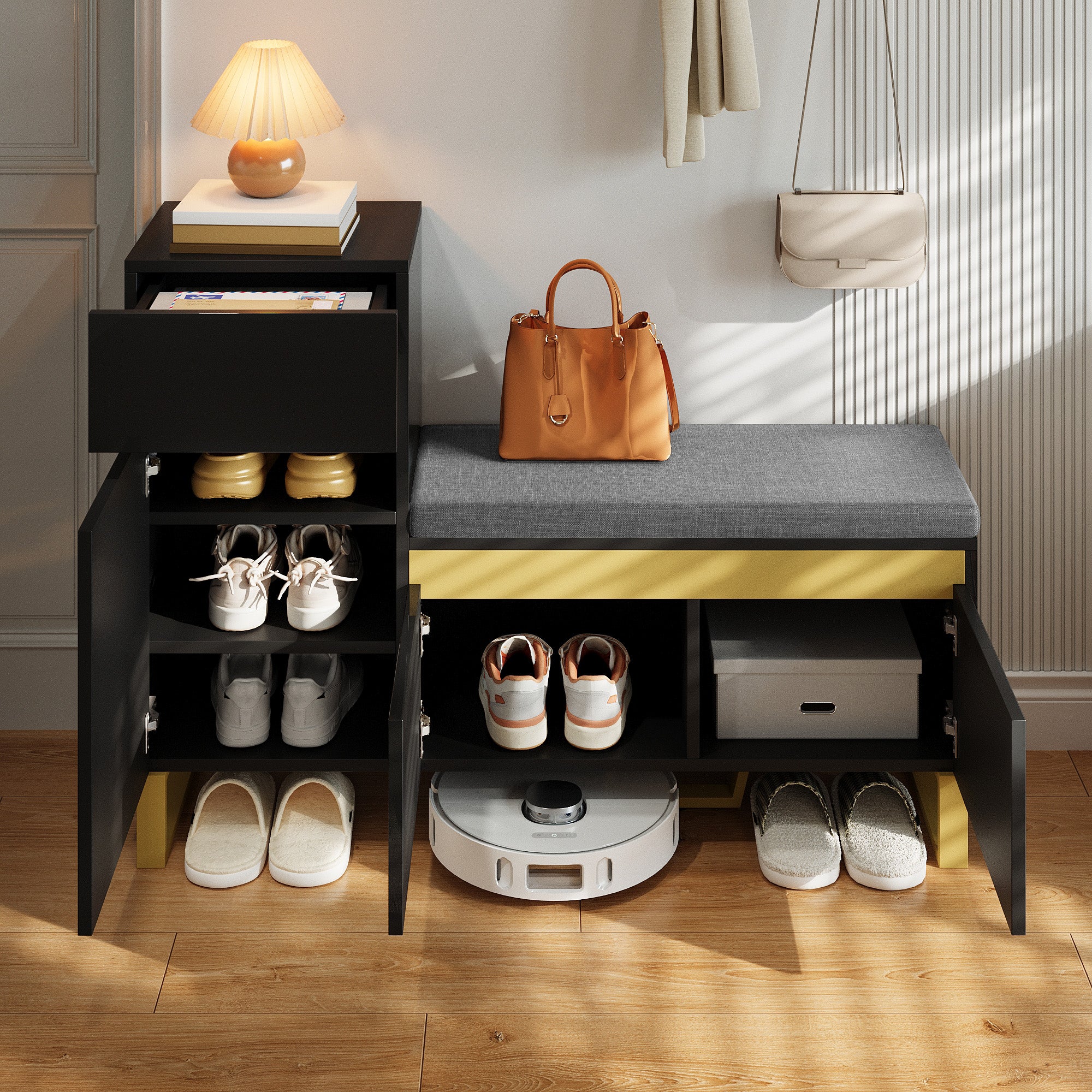 Shoe Cabinet, Large Capacity Multi-Tier Storage with Drawers and Doors, Black MDF