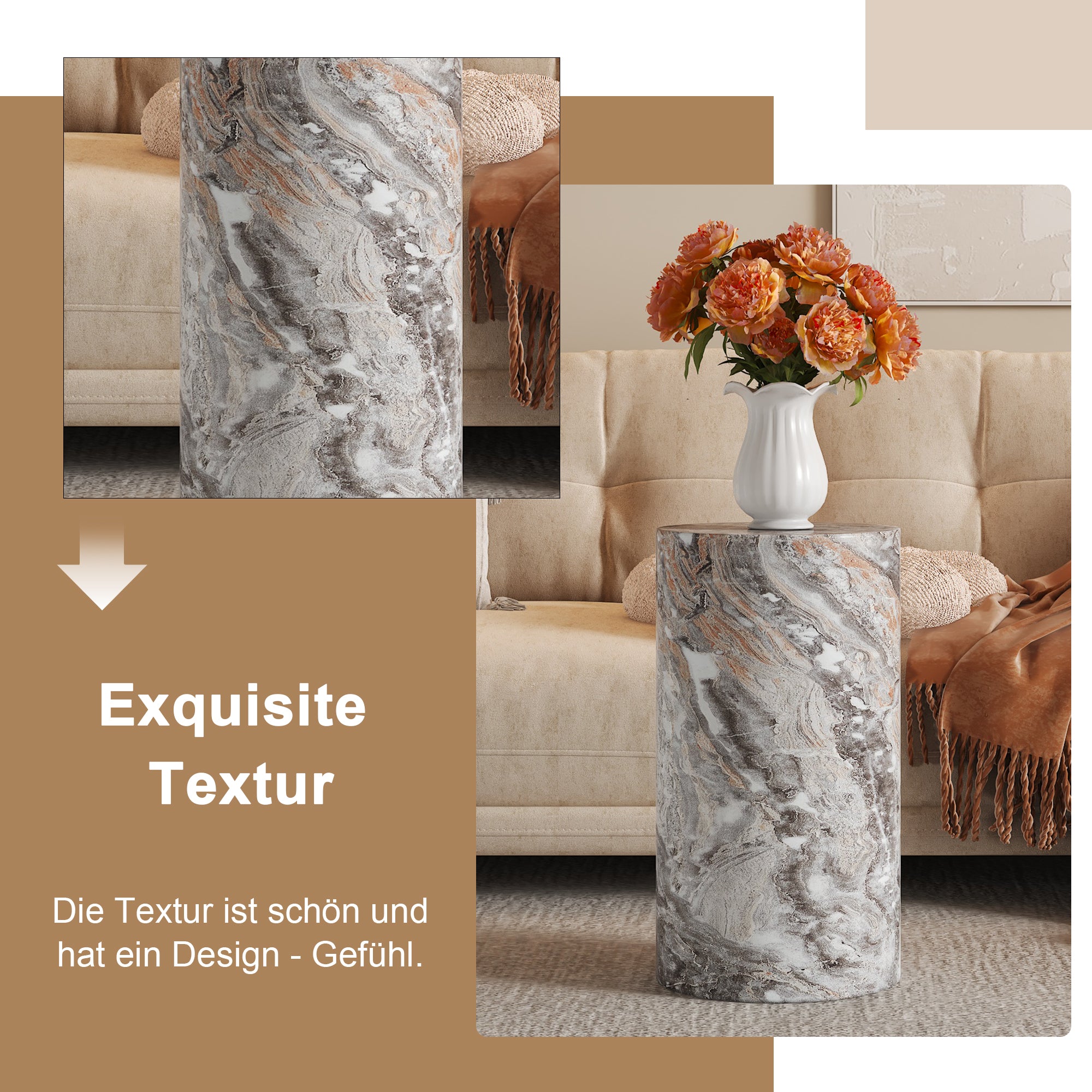 Coffee Table Round MDF Minimalist Design Small Side Table Grey Marble Look