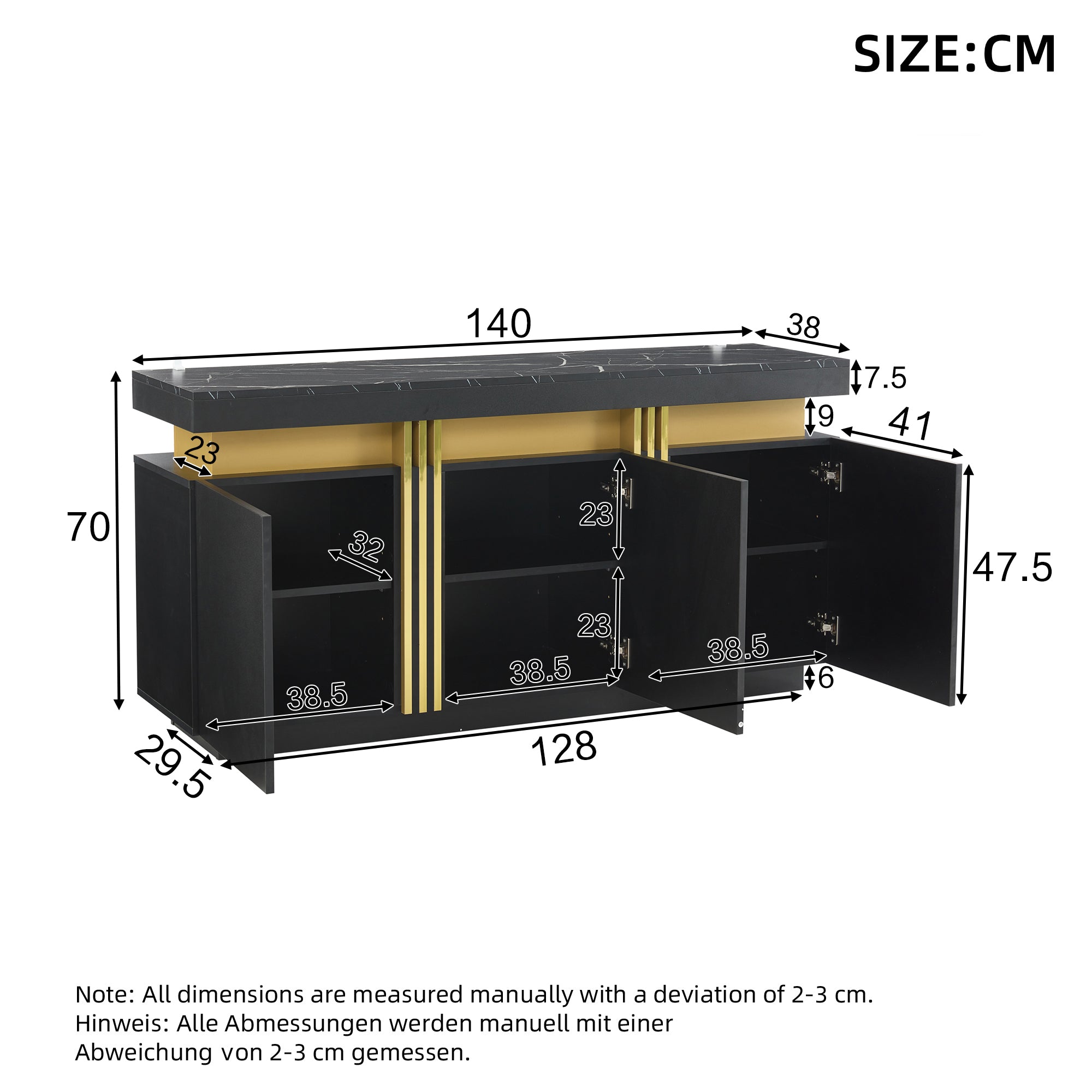 Sideboard, Display Cabinet with 3 Doors, Adjustable Dividers, Black and Gold