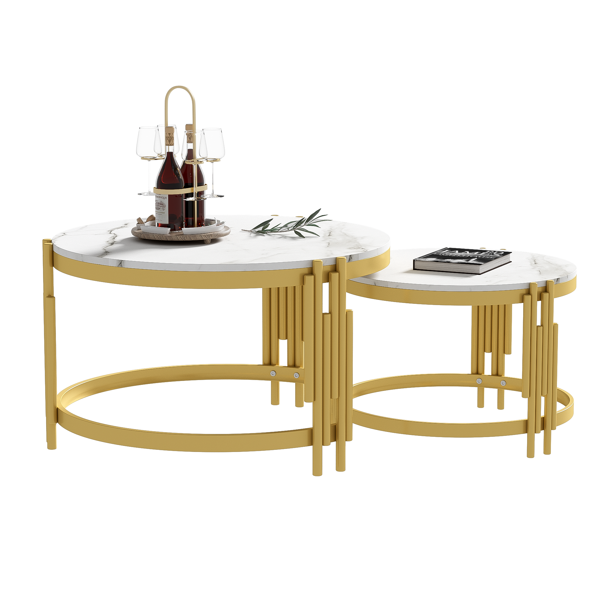Modular Coffee Table Set, Round Golden Metal Frame, Marble Look