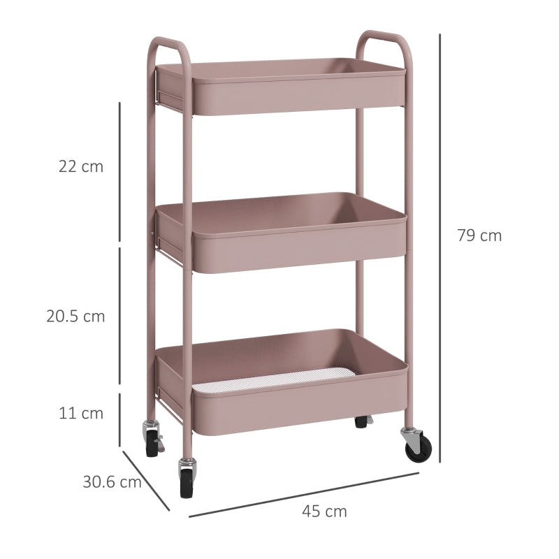 Three-Tier Storage Trolley, Multi-Purpose Steel, Pink