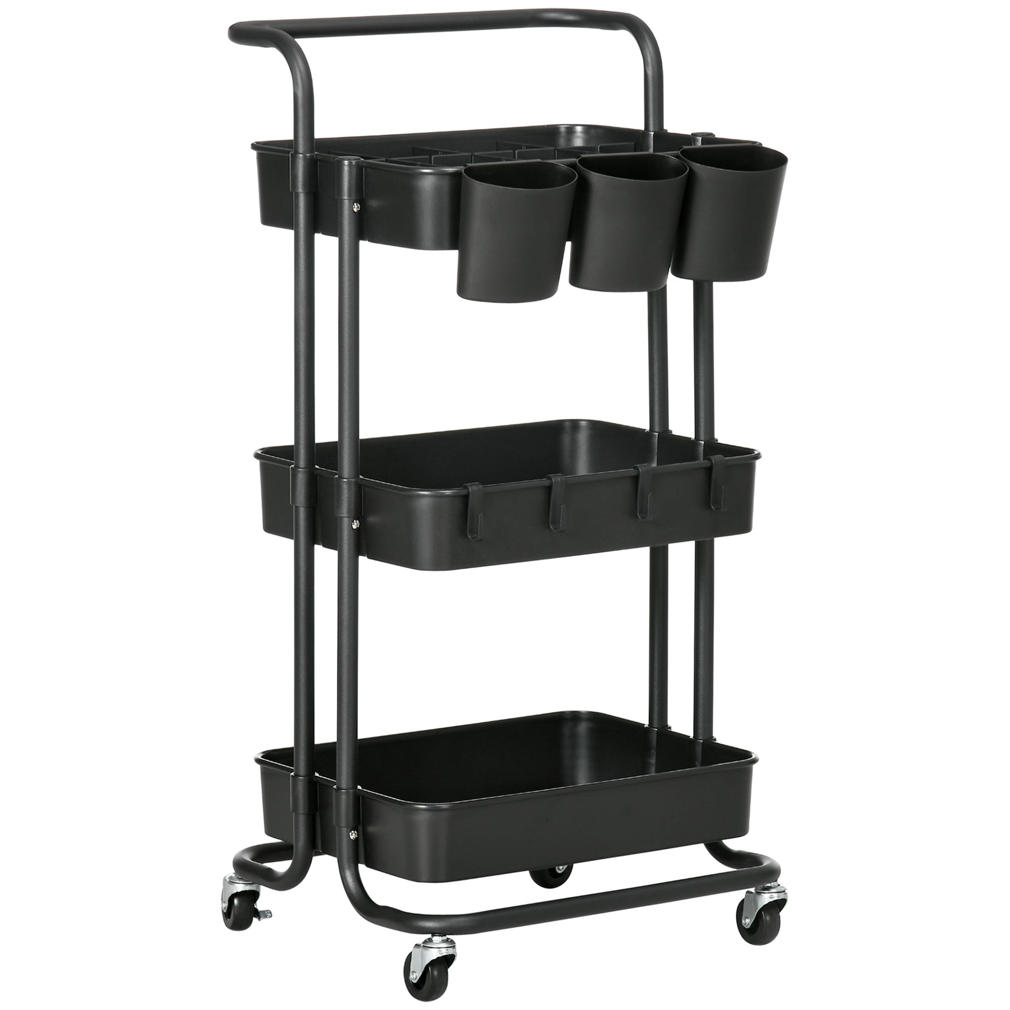 Serving Cart, 3-Tier Storage with Hooks, Steel Black