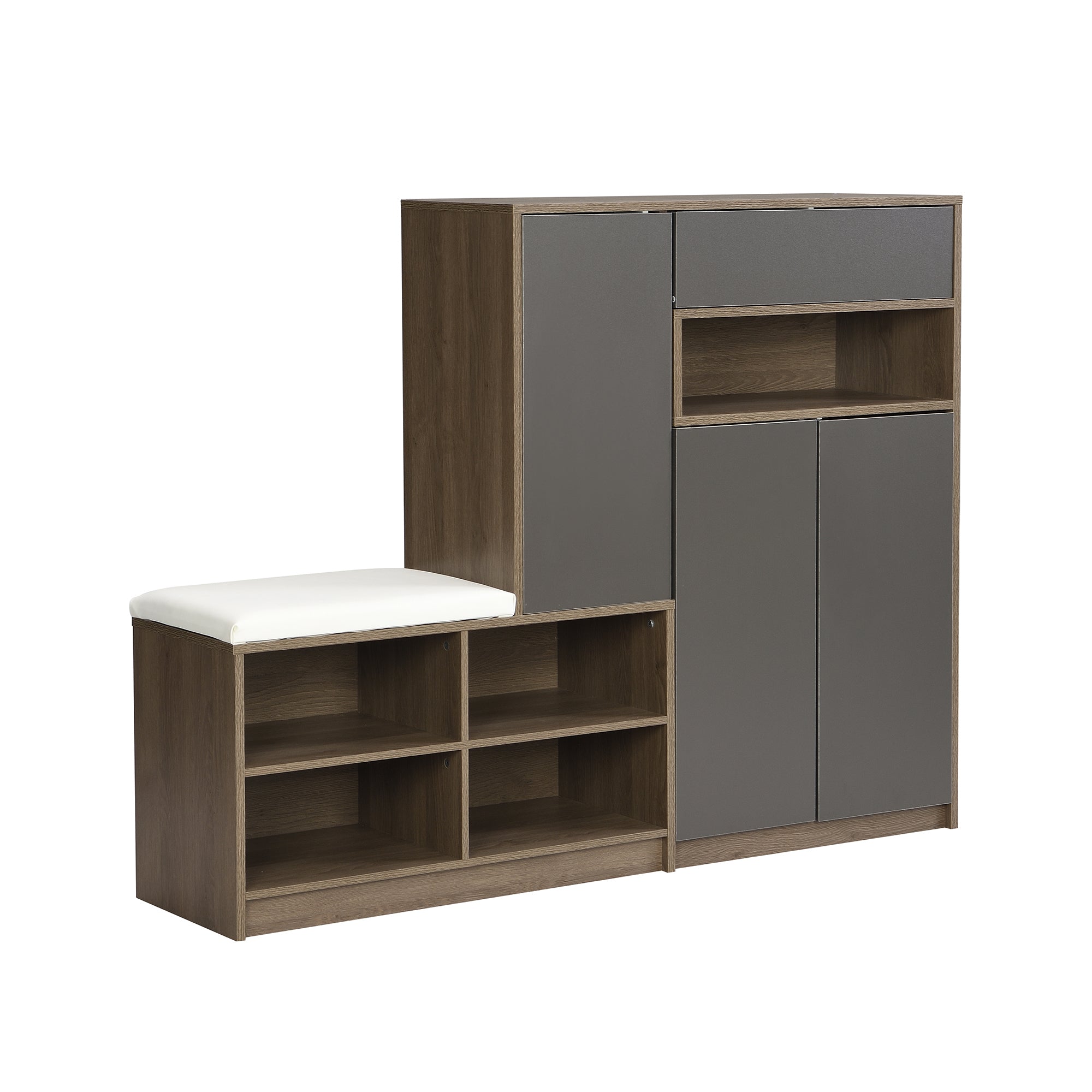 Shoe storage bench and cabinet with padded seat, adjustable shelves, gray