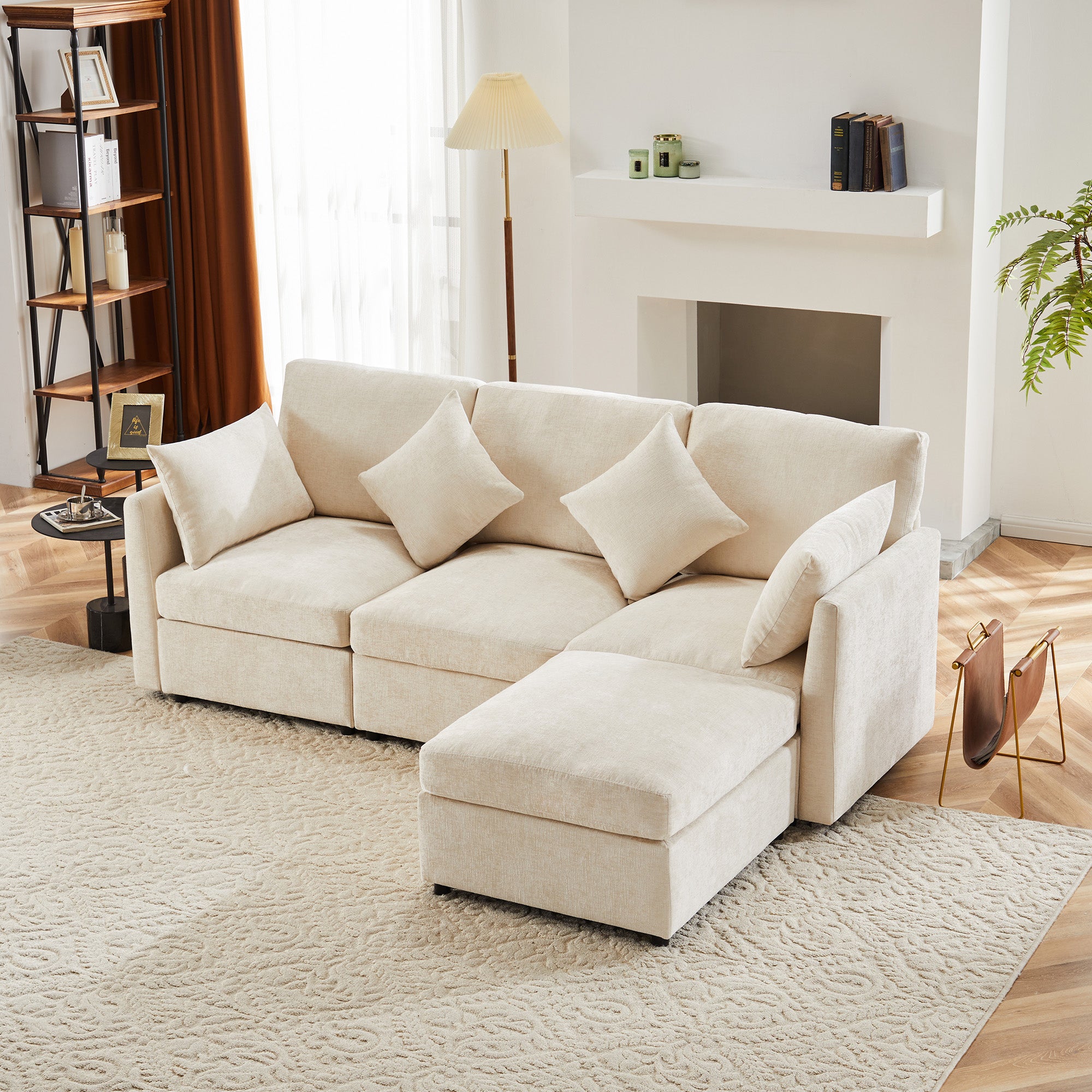 L-Shaped Corner Sofa Modern 3-Seater 4-Seater Footstool - Chenille Fabric