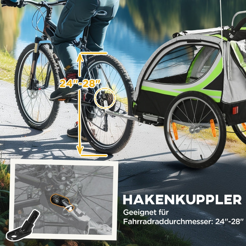 2-in-1 Bicycle Trailer, 2 Children, Push-along, Rain Cover, Brake, Green