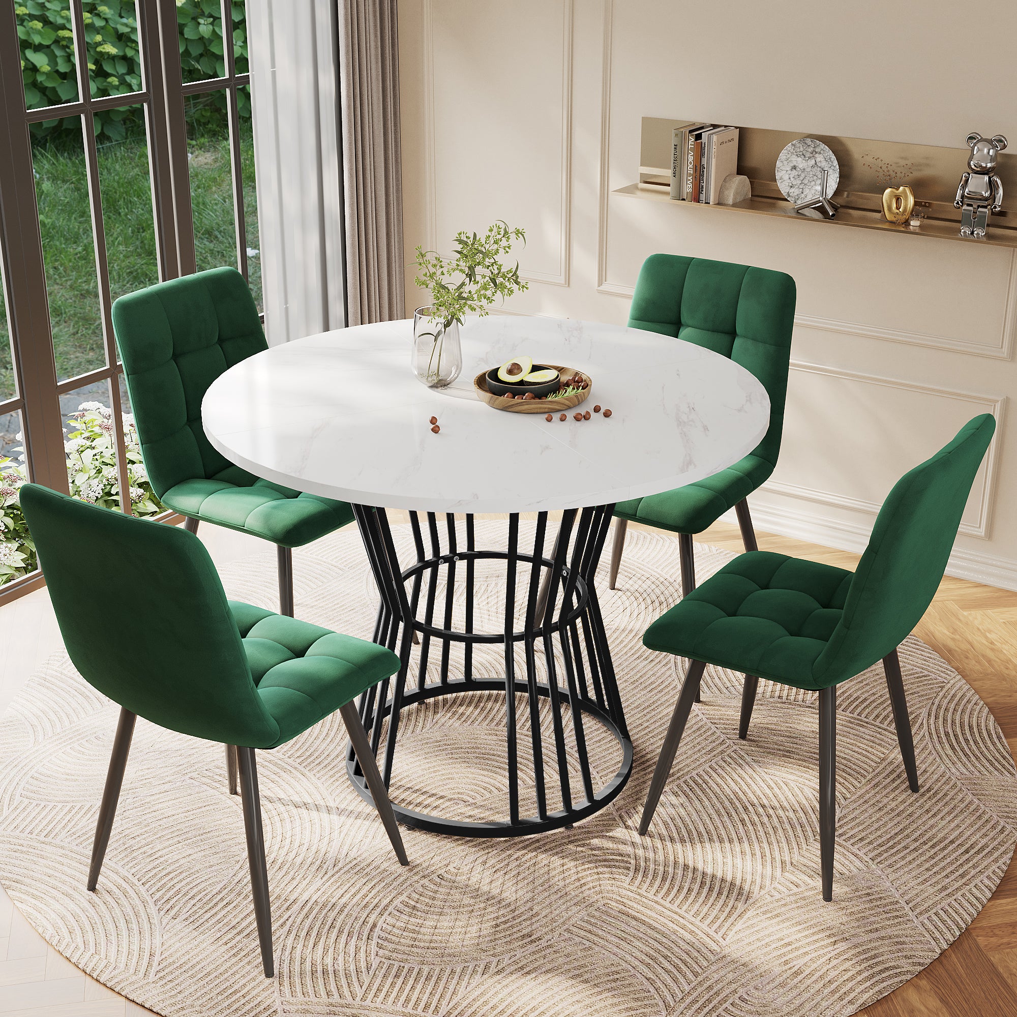 Dining Table Set 5-Piece Round 100cm Black Metal White MDF Green Velvet