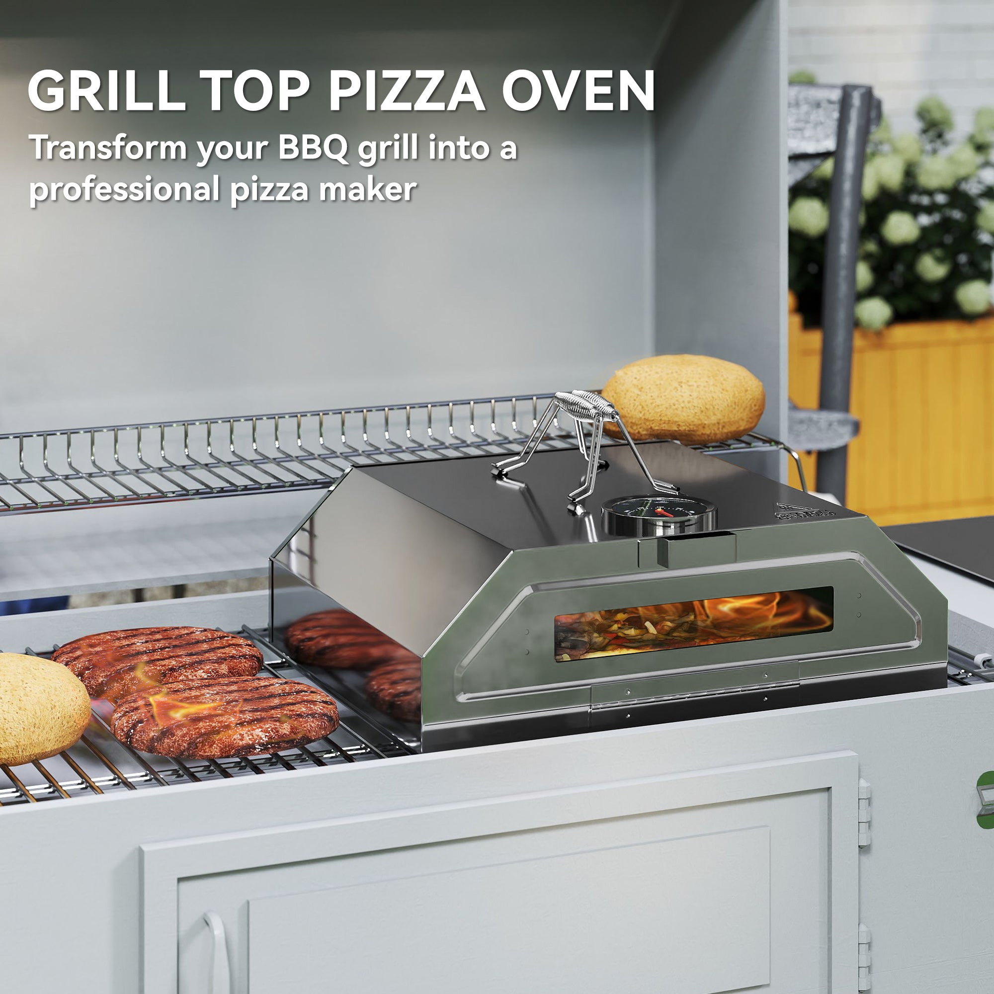 Portable Pizza Oven, 8 in BBQ Grill Top with Thermometer and Stone/Peel, Stainless Steel/Silver Tone