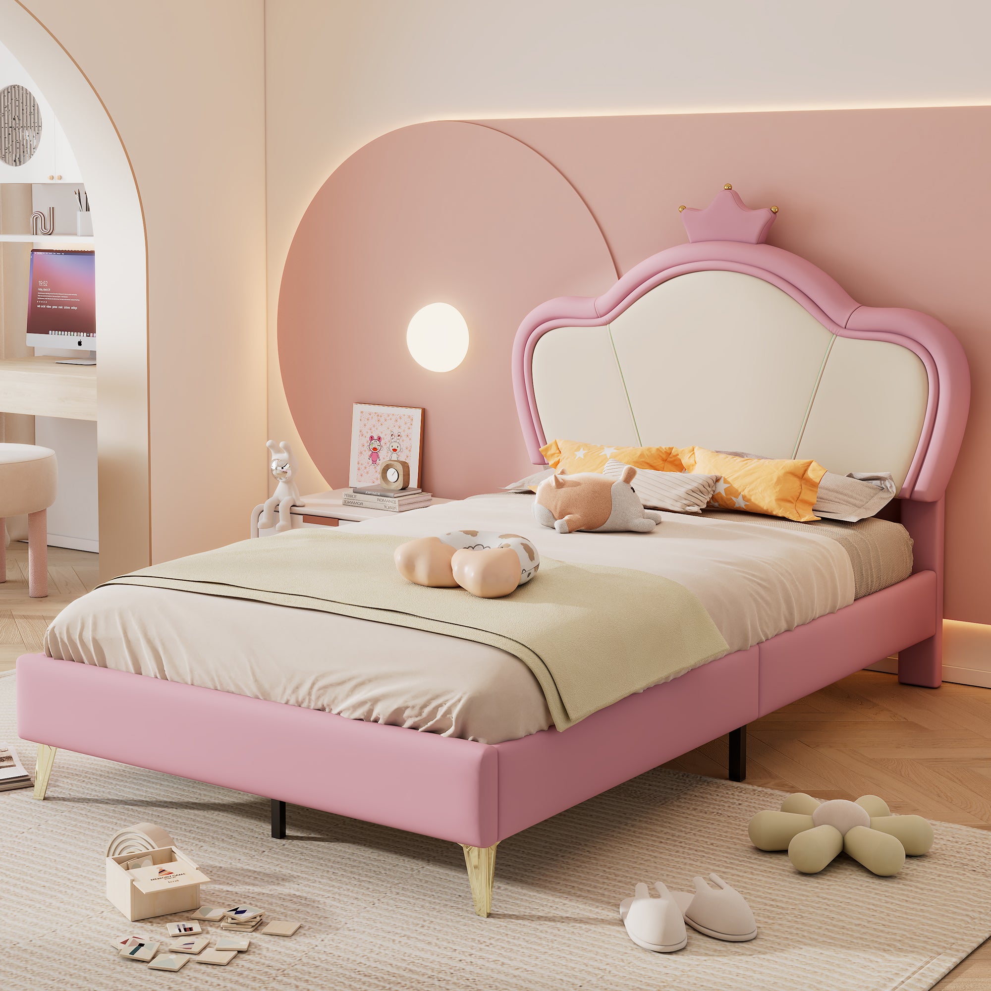 Upholstered Bed, Children's Single Bed with Crown Headboard & Metal Feet, PU Pink+White
