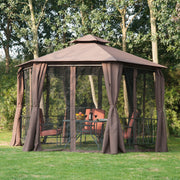 3 x 3m Hexagon Gazebo Patio Canopy Party Tent 2 Tier Roof Side Panel Brown