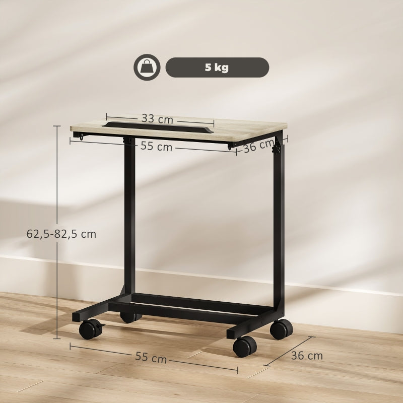 C-shaped side table, height-adjustable coffee laptop table with wheels, white