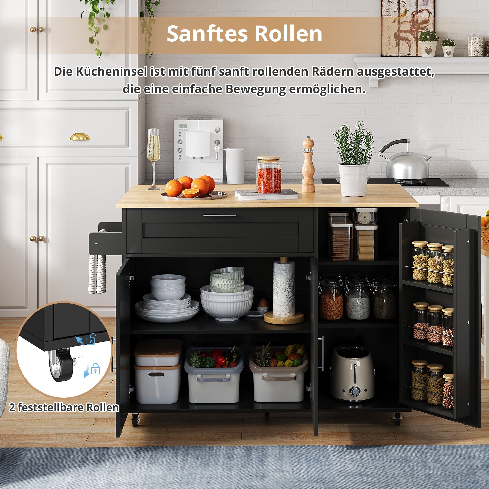 Mobile Kitchen Table Folding Worktop Cabinet Spice Rack 5 Casters - Oak Grain