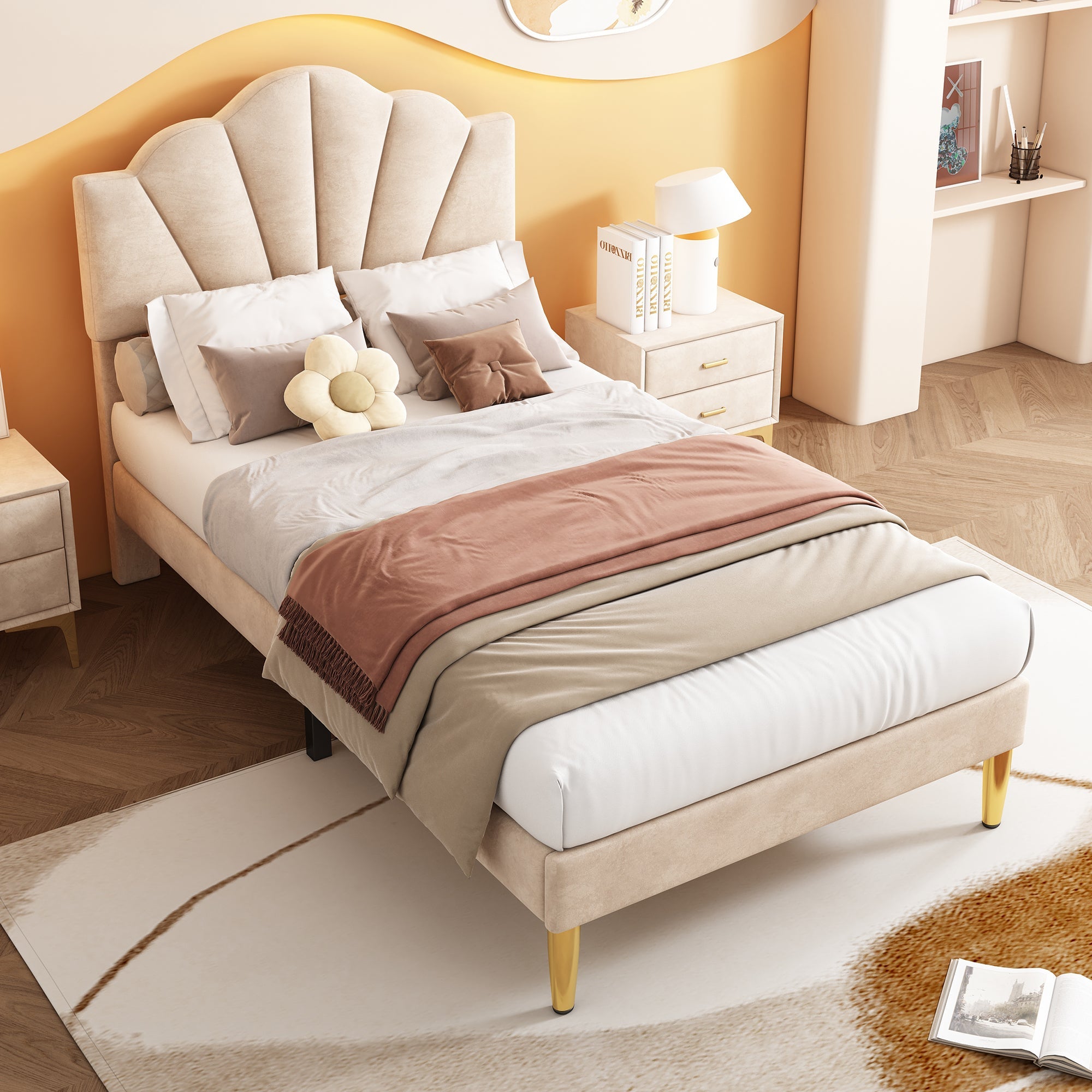 Velvet Upholstered Bed, Single Bed-3ft(90*190cm) with Shell-like Design, Golden Iron Legs, Height-Adjustable Headboard, Wooden Slatted Frame, Beige