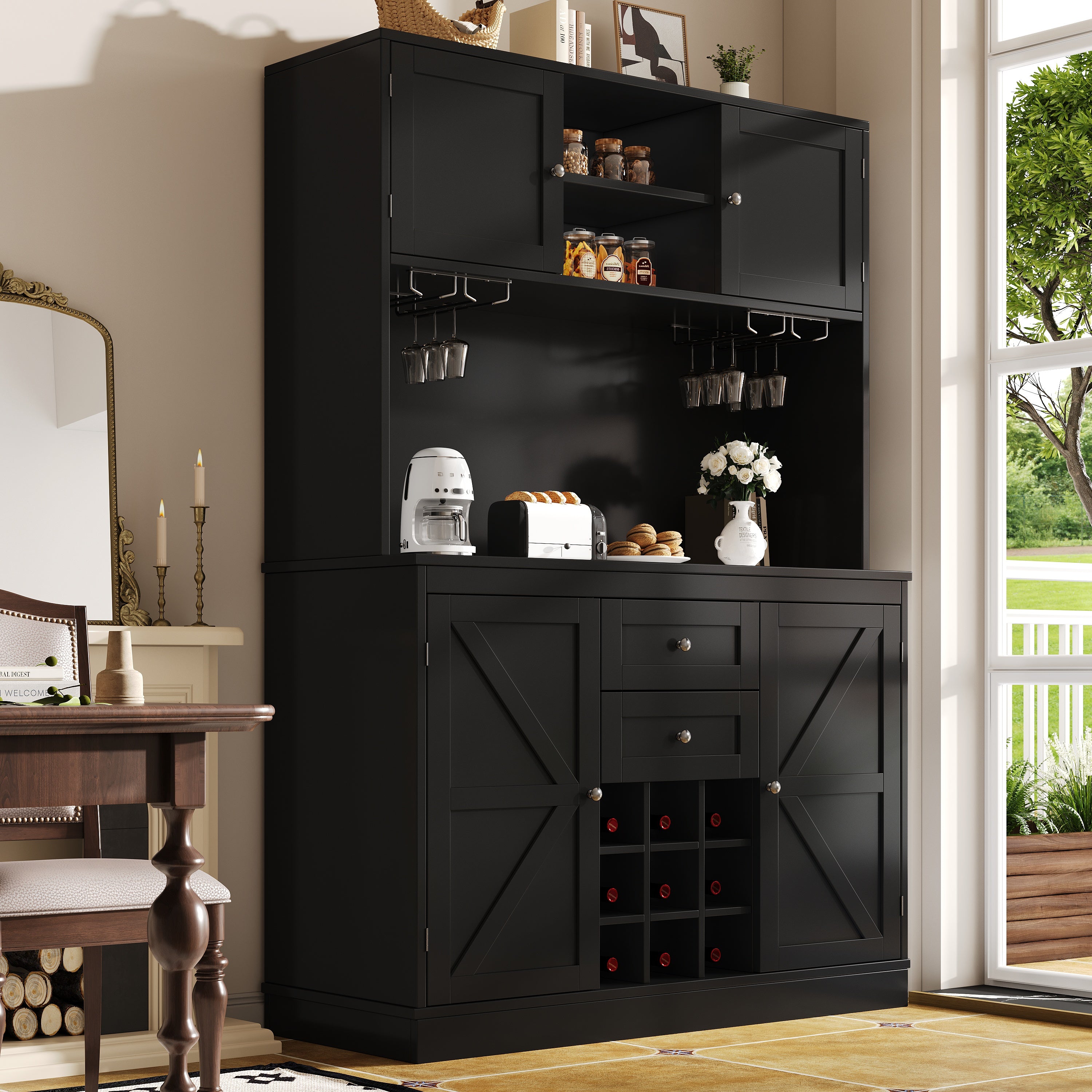 Tall Kitchen Buffet Cabinet with Adjustable Shelves, Wine Rack, 4 Doors & 2 Drawers - Black